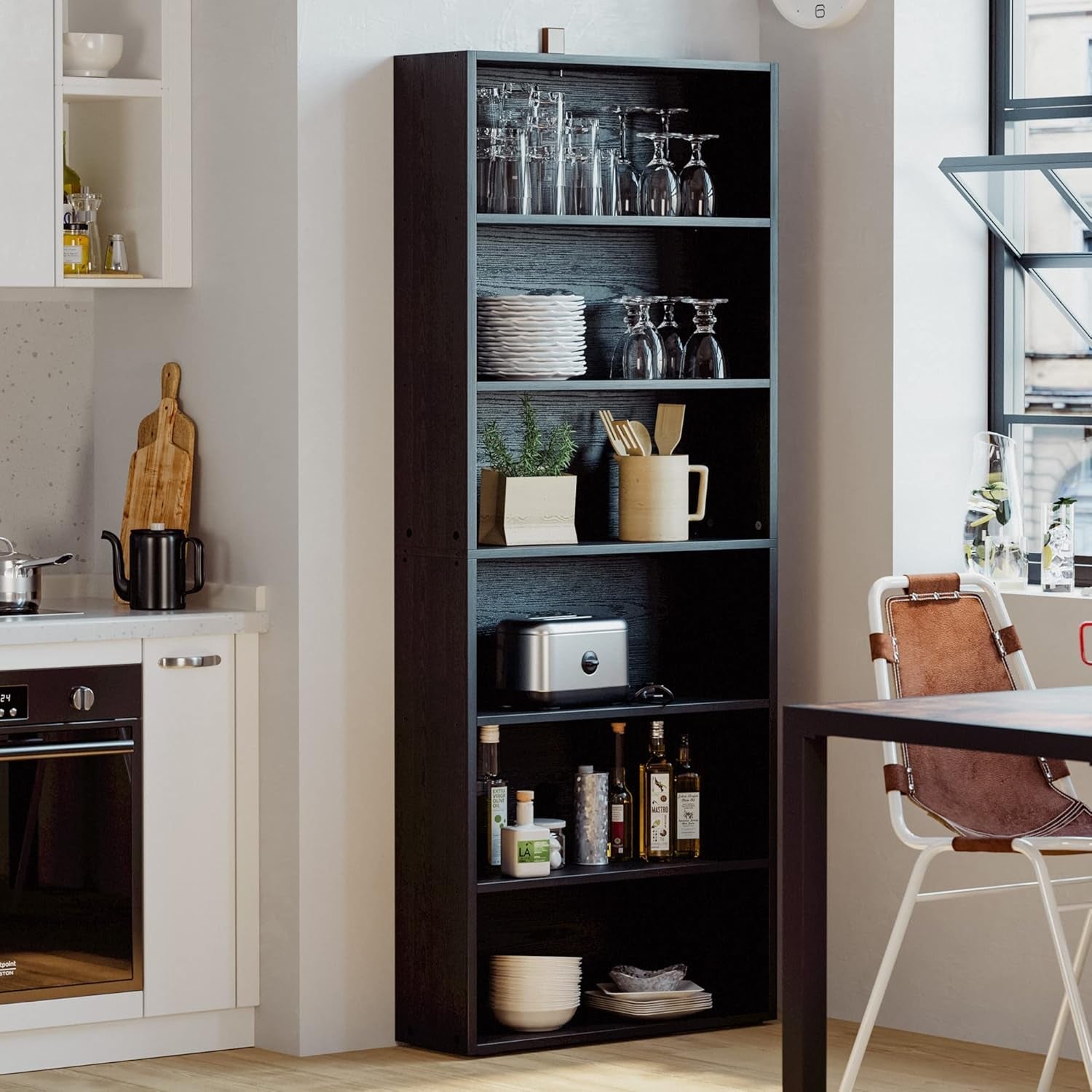 Floor Standing Walnut Finish Bookcase 6 Tier 70 Inches