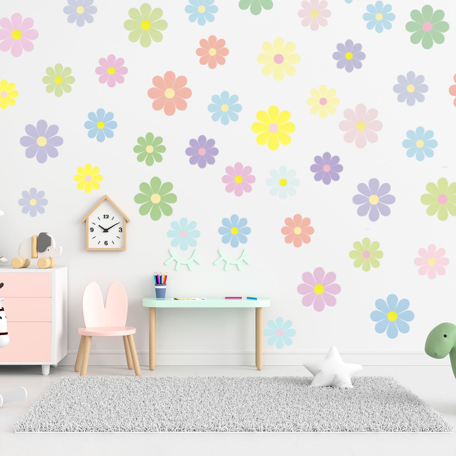 Rapid Decor 32 Pcs Danish Pastel Waterproof Removable Flower Wall Decals