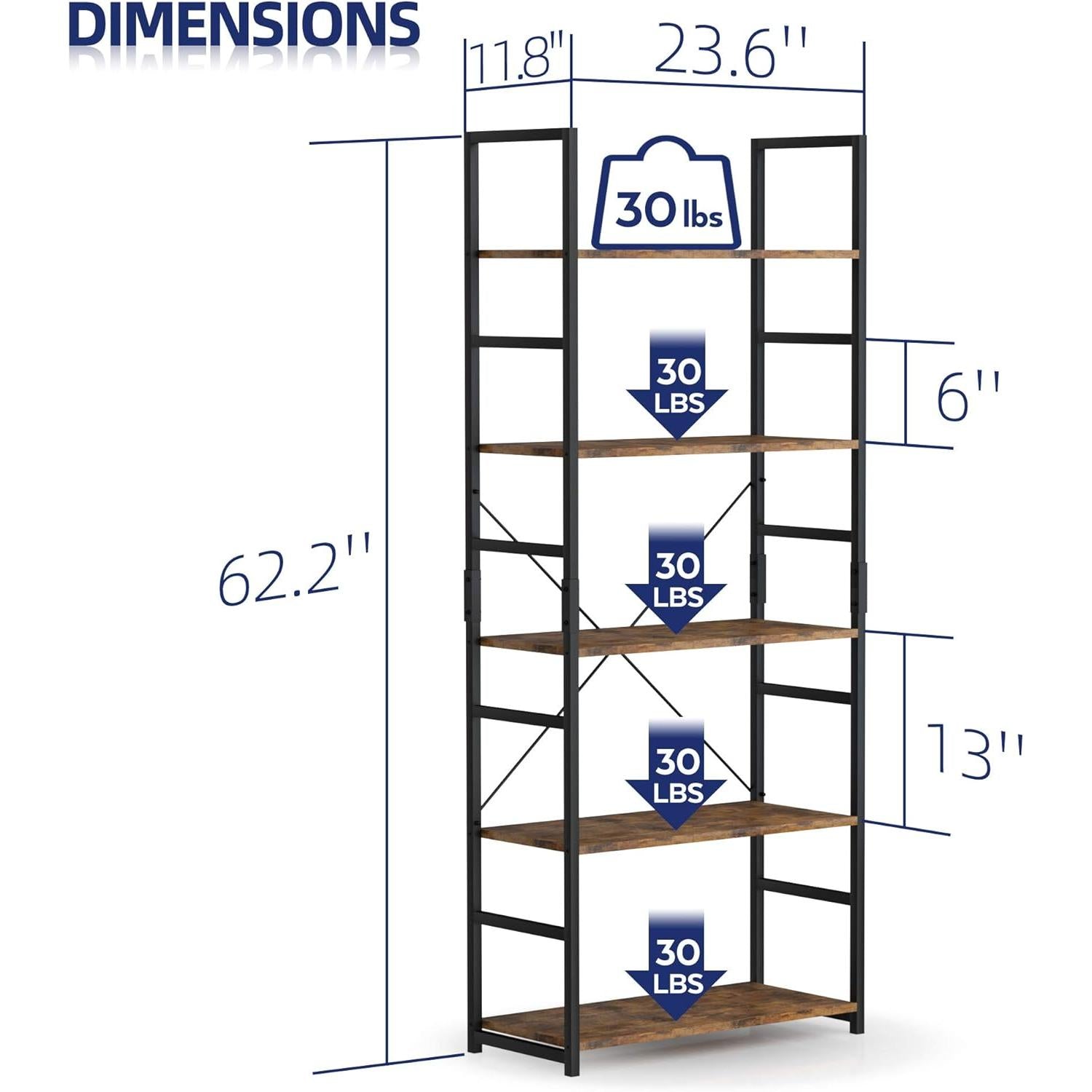 Tall 5 Shelf Vintage Bookcase With Metal Frame Storage