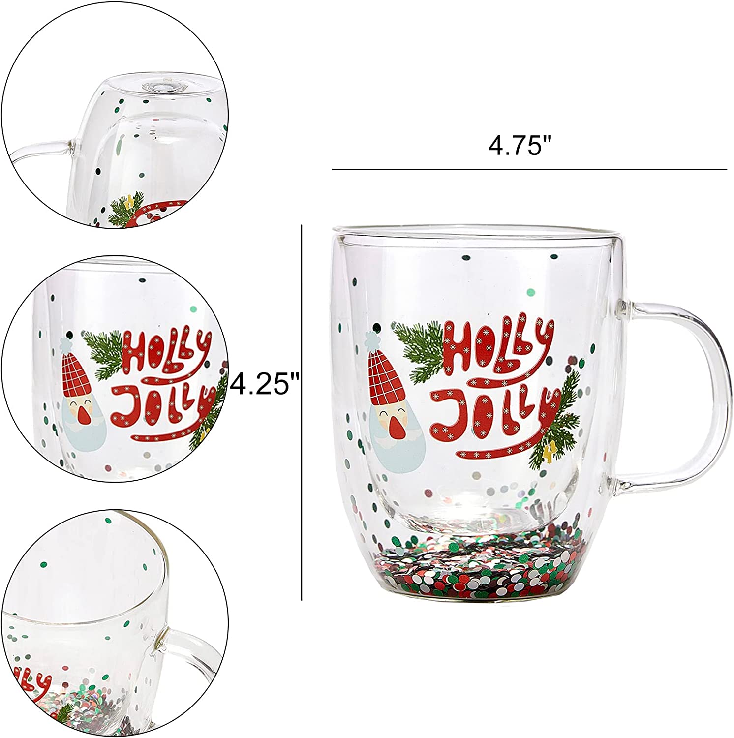 Set of 2 Holly Jolly Christmas Design Tumbler Mugs - Confetti Filled 9.5 oz Decorated Christmas Glass - Perfect for Wine, Eggnog, Cocoa, Holiday Parties & Festivities - 4.25" High, 9.5 oz Capacity-4