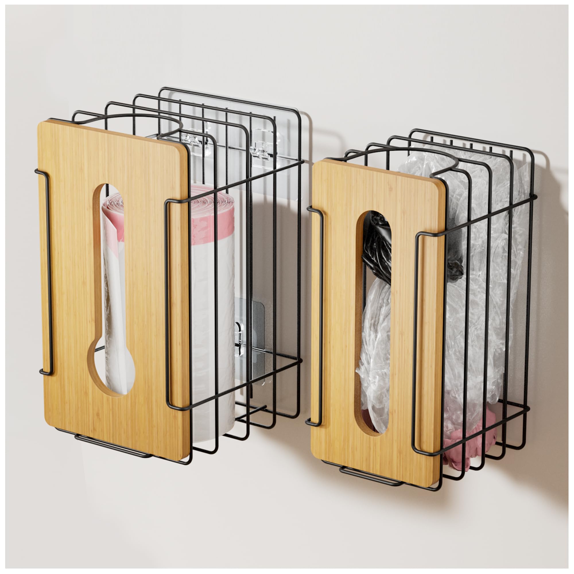 Stylstoreazy 2 Pack Wall Mount Grocery Bag Holder Bamboo Top Black Large