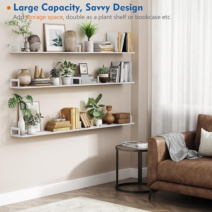 White Floating Book Shelves for Wall, 36 Inch Wall Bookshelf for Kids Bedroom, Large Deep Hanging Shelves with Metal Brackets for Living Room Office Décor Indoor Plants (3-Pack)