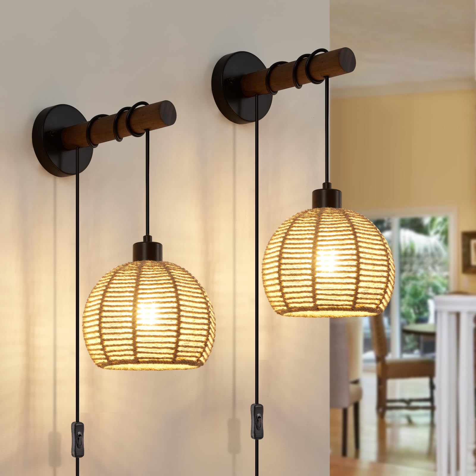 SGLfarmty Boho Rattan Plug-in Wall Sconces Set of 2 Rustic Hemp Rope
