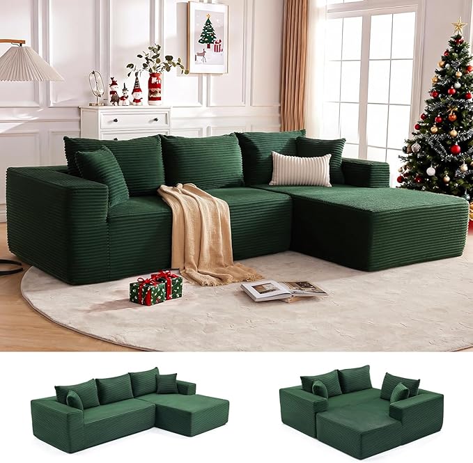 110” Cloud Sectional Couch, Boneless Sofa for Living Room, Modular Sectional Sofa with Deep Seat, Comfy Fluffy Couch with L-Shaped Chaise, No Assembly Required (Right-Facing Chaise, Green)