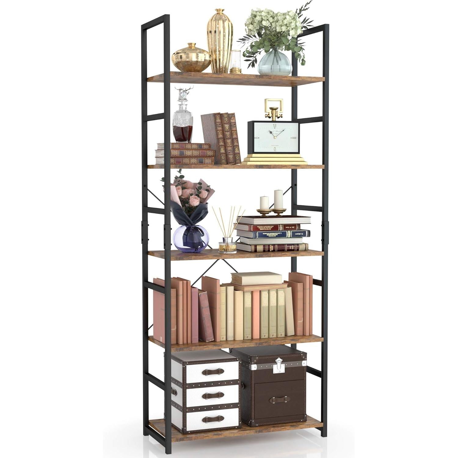 Tall 5 Shelf Vintage Bookcase With Metal Frame Storage