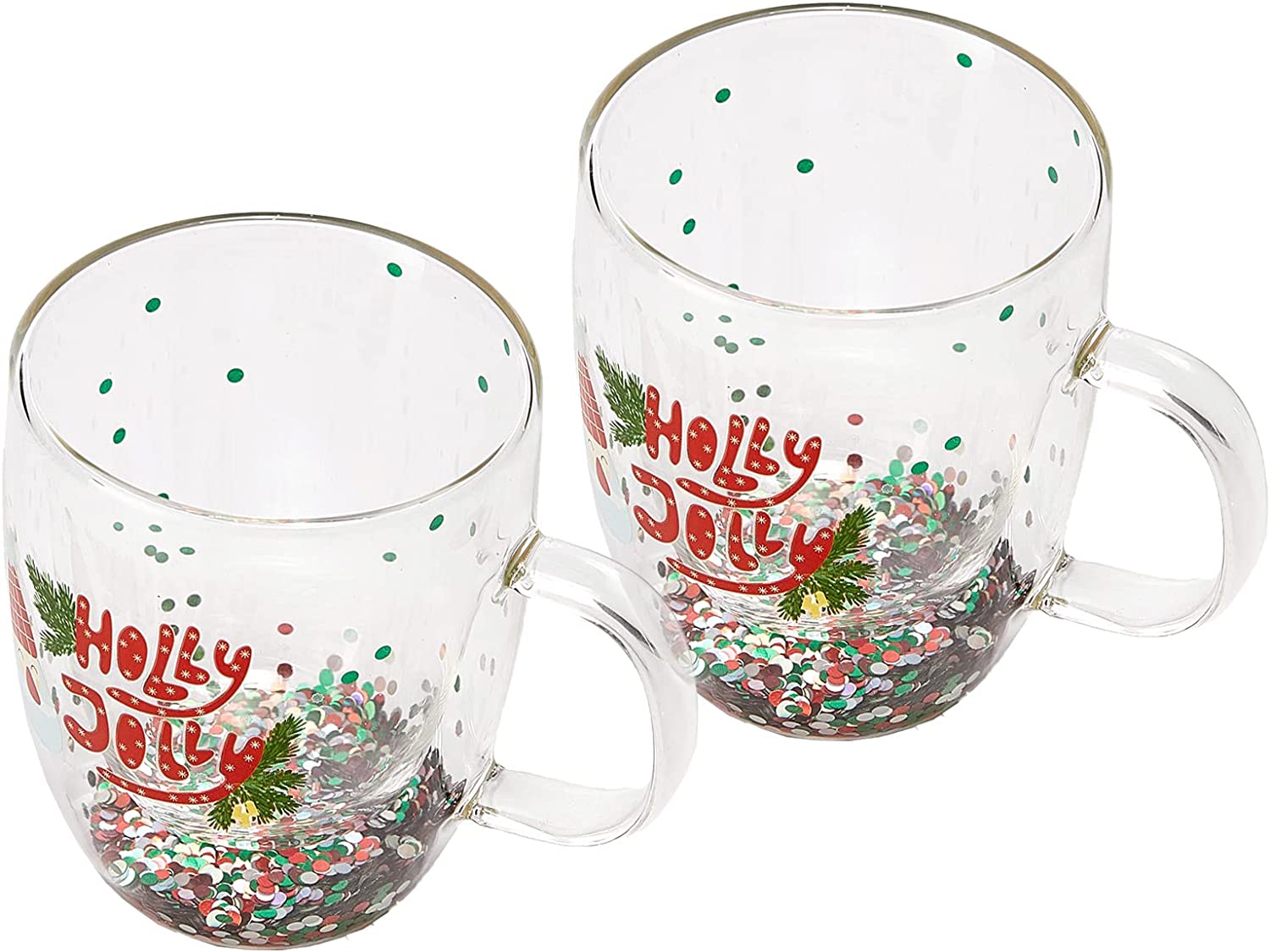 Set of 2 Holly Jolly Christmas Design Tumbler Mugs - Confetti Filled 9.5 oz Decorated Christmas Glass - Perfect for Wine, Eggnog, Cocoa, Holiday Parties & Festivities - 4.25" High, 9.5 oz Capacity-3