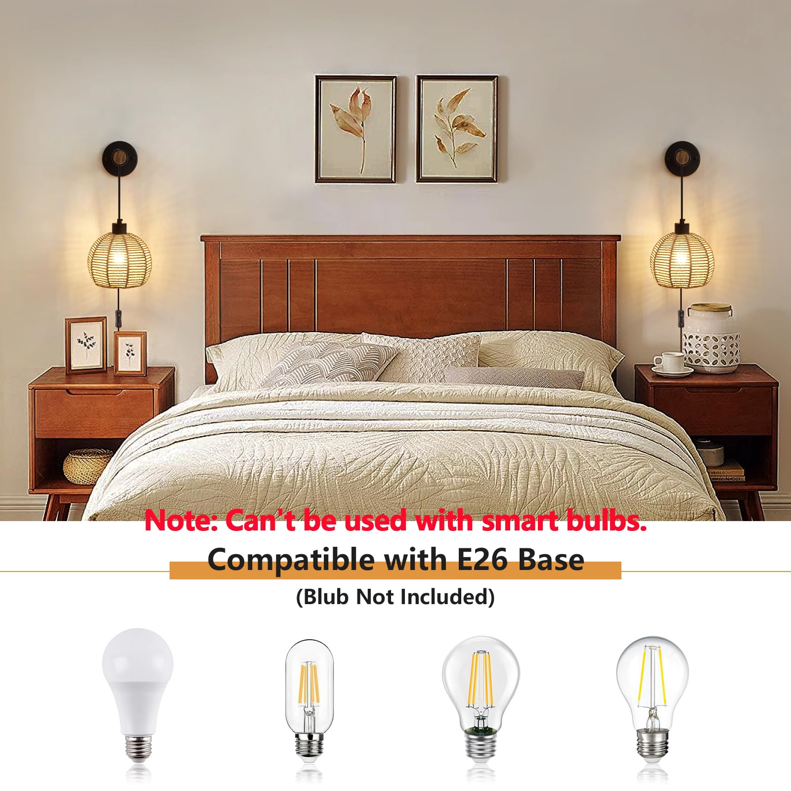 SGLfarmty Boho Rattan Plug-in Wall Sconces Set of 2 Rustic Hemp Rope