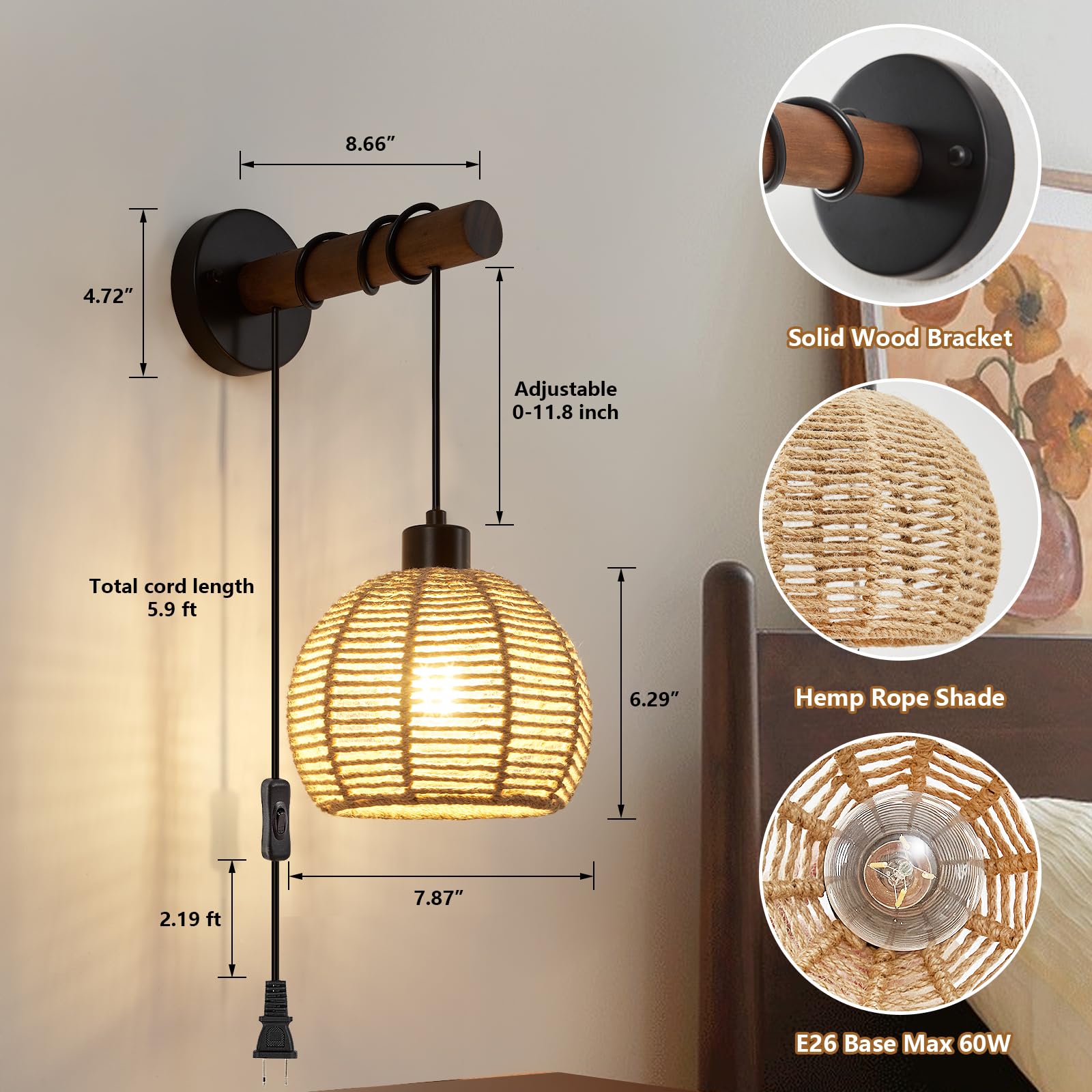 SGLfarmty Boho Rattan Plug-in Wall Sconces Set of 2 Rustic Hemp Rope