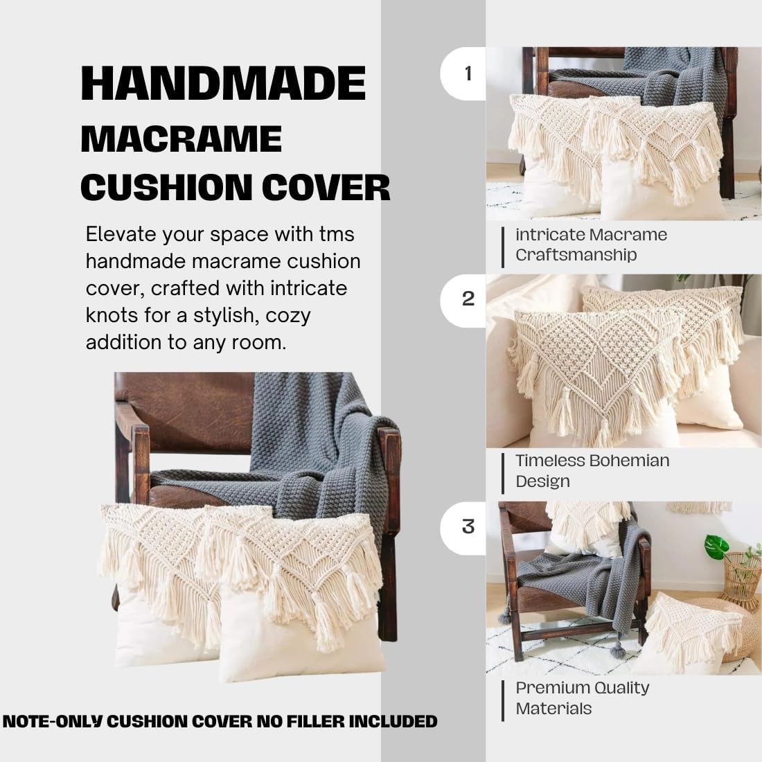 Handmade Macrame Cushion Covers | 40x40cm | Organic Cotton | Boho Style | Off White | Textured-4