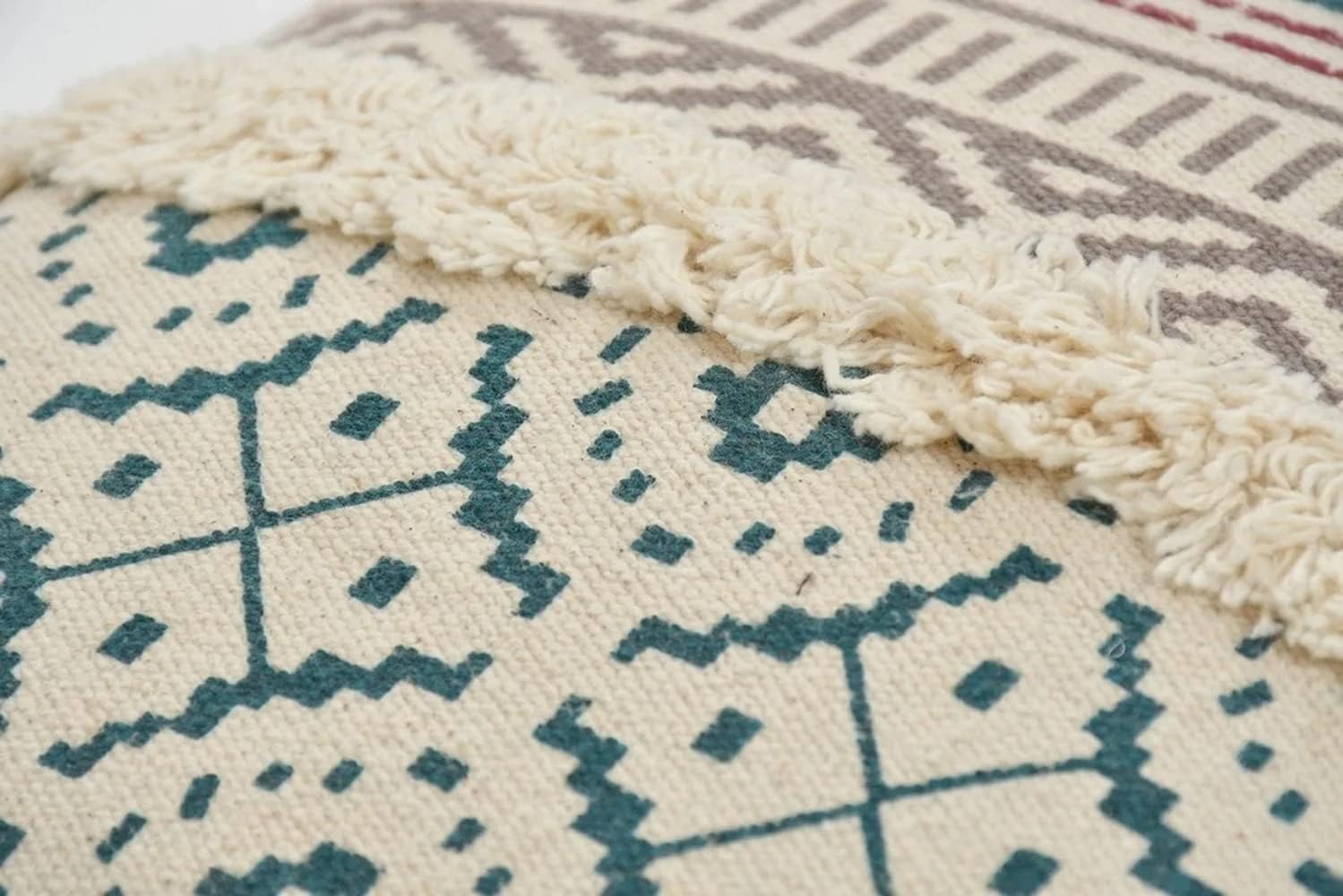 Bohemian Handmade Cotton Cushion Cover 45x45cm - Blue & Beige Geometric Pattern, Fringe & Tassels-2