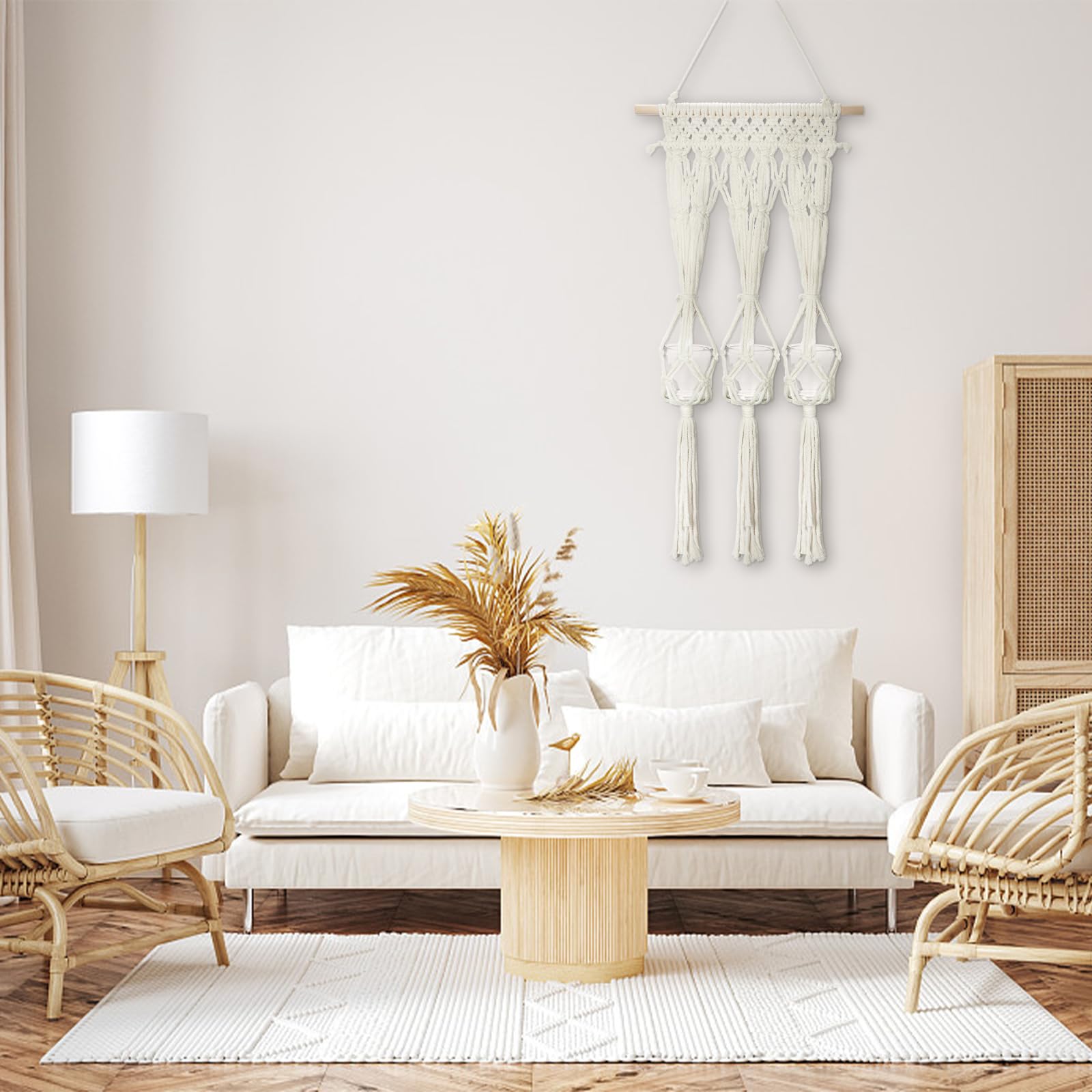 Briful Macrame Wall Hanging Shelf Cream-White with 3 Glass Vases Boho Decor