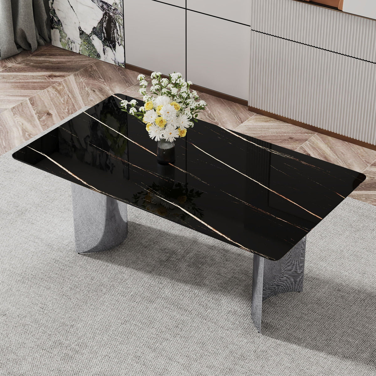 Modern Minimalist Dining Table with Imitation Marble Glass Top and Metal Legs