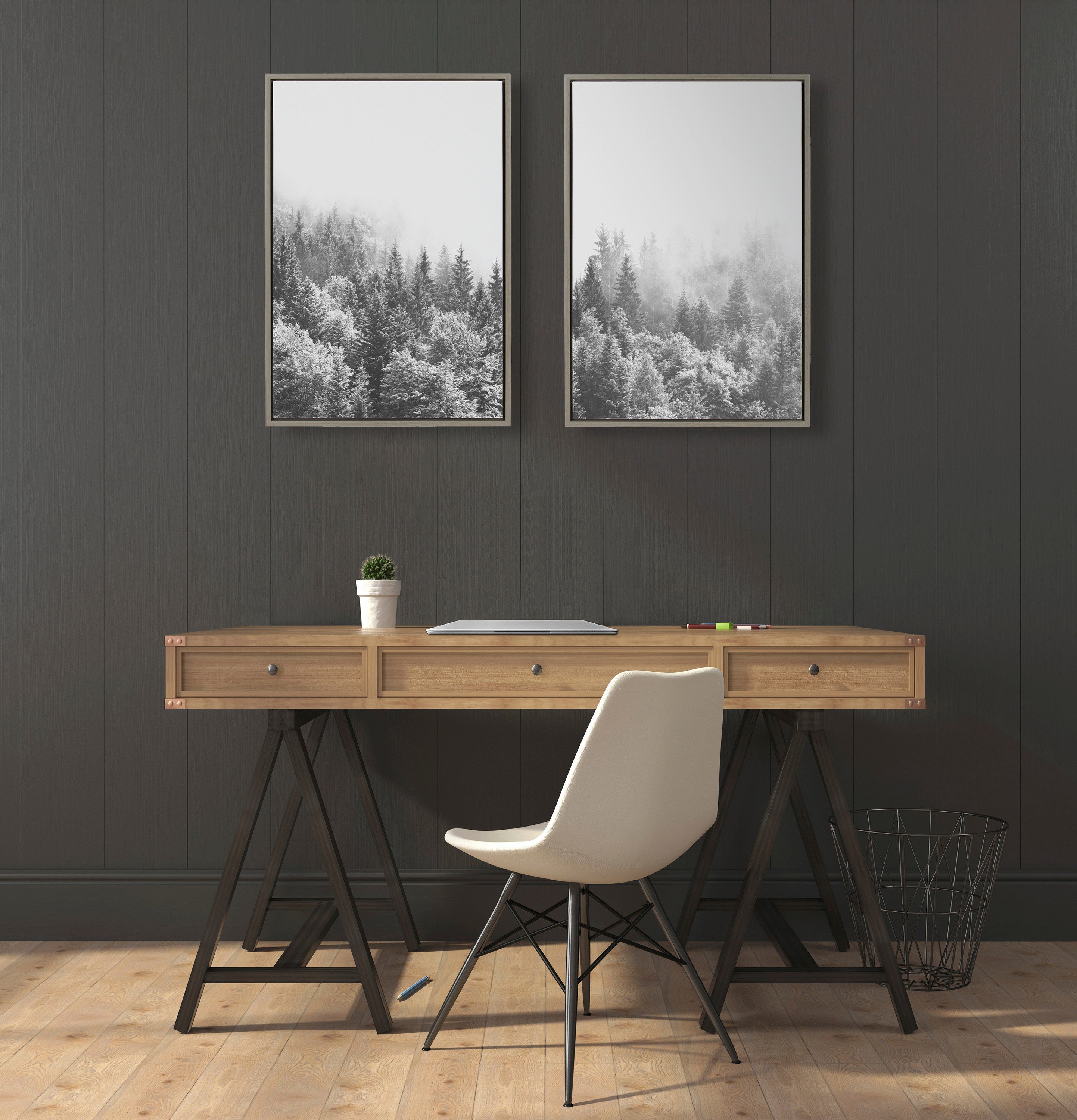 Sylvie Forest On A Foggy Day Black and White Framed Canvas Set by The Creative Bunch Studio