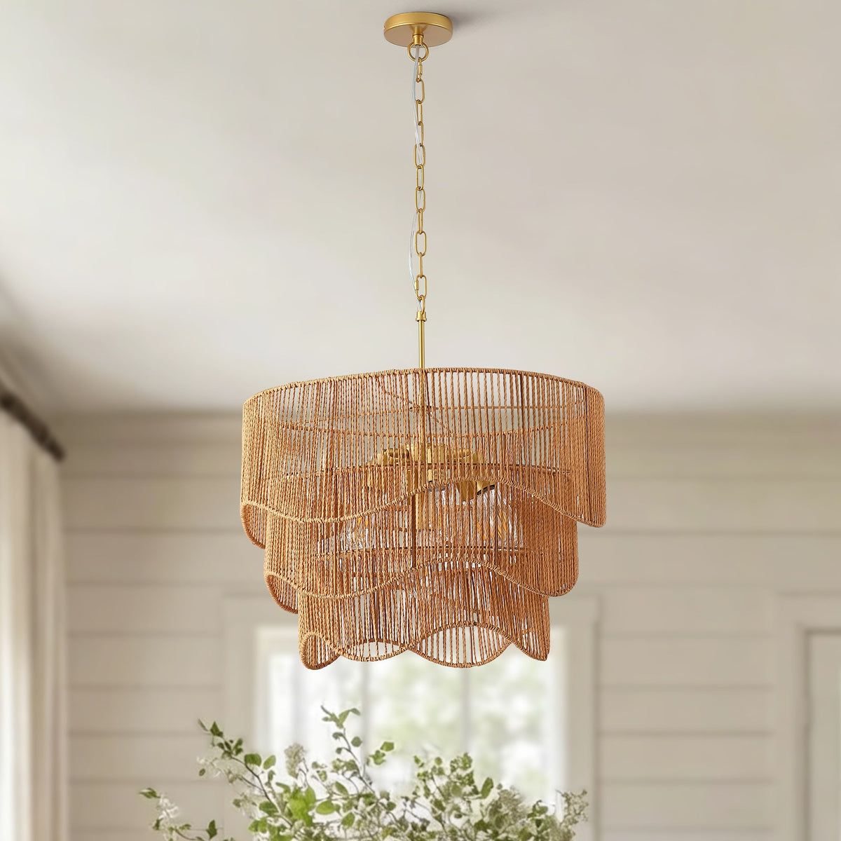 Handwoven Paper Rattan Boho Chandelier with Adjustable Height