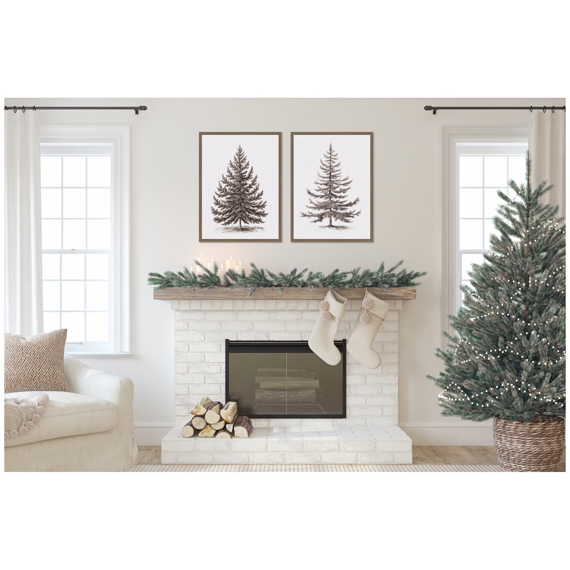 Sylvie Vintage Evergreen Fir Tree - 2 Piece Framed Canvas Art Set by The Creative Bunch Studio