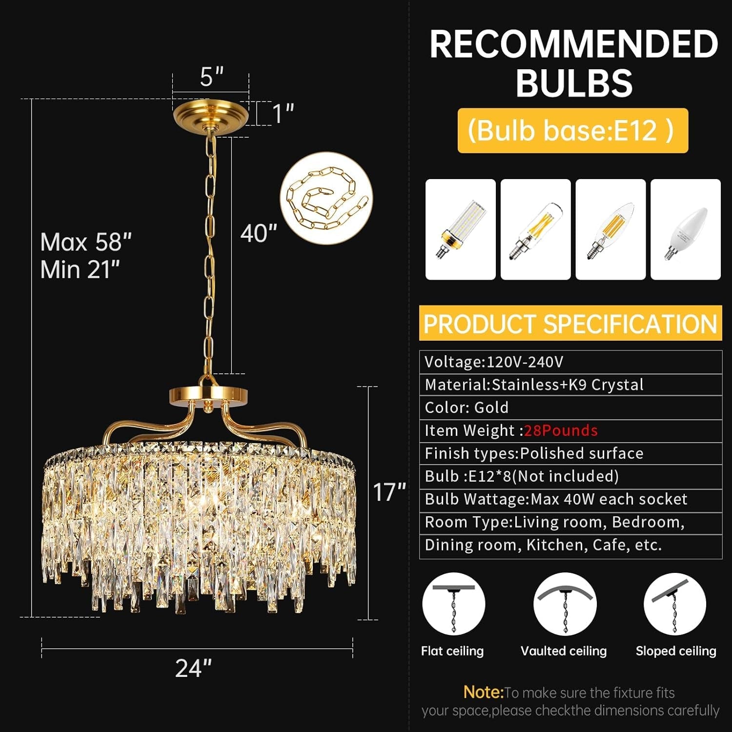 Elegant Gold Crystal Chandelier 24 Inch Illumination-4