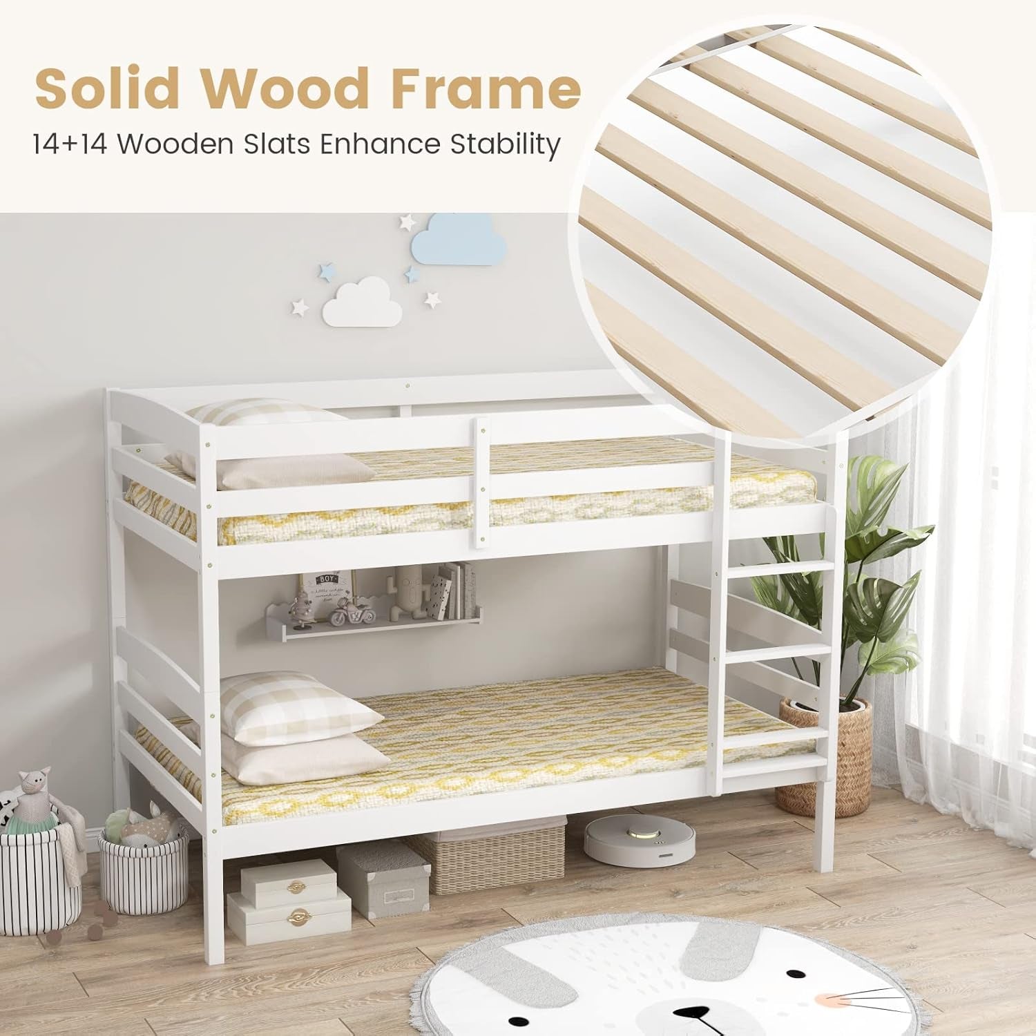 White Twin Over Twin Bunk Bed With Integrated Ladder