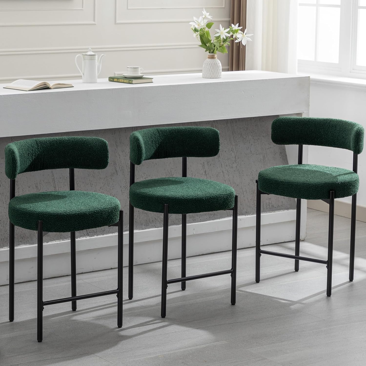 Green Boucle Counter Height Bar Stools Set of Three