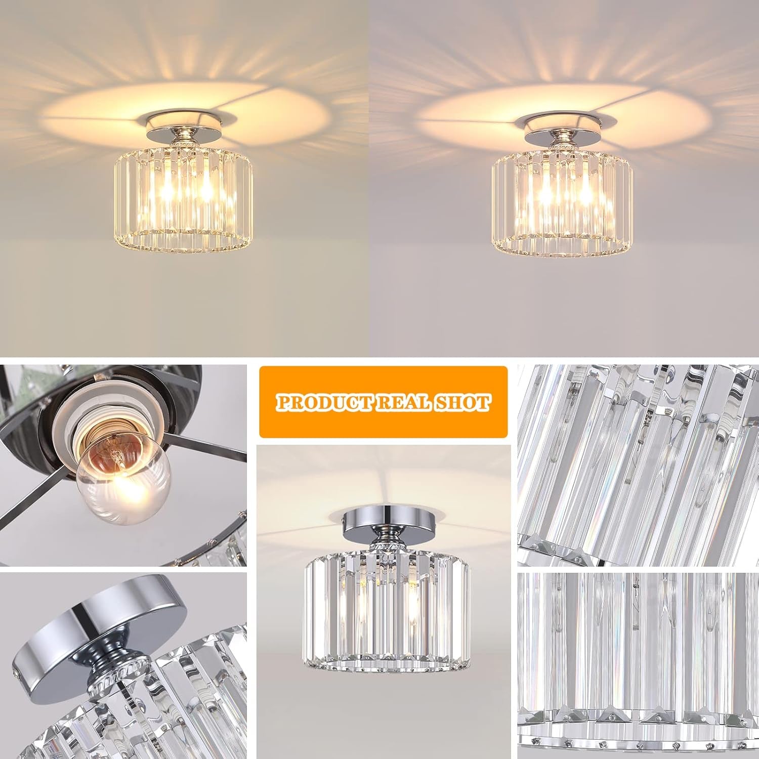 Semi Flush Crystal Chandelier Silver Ceiling Light-4