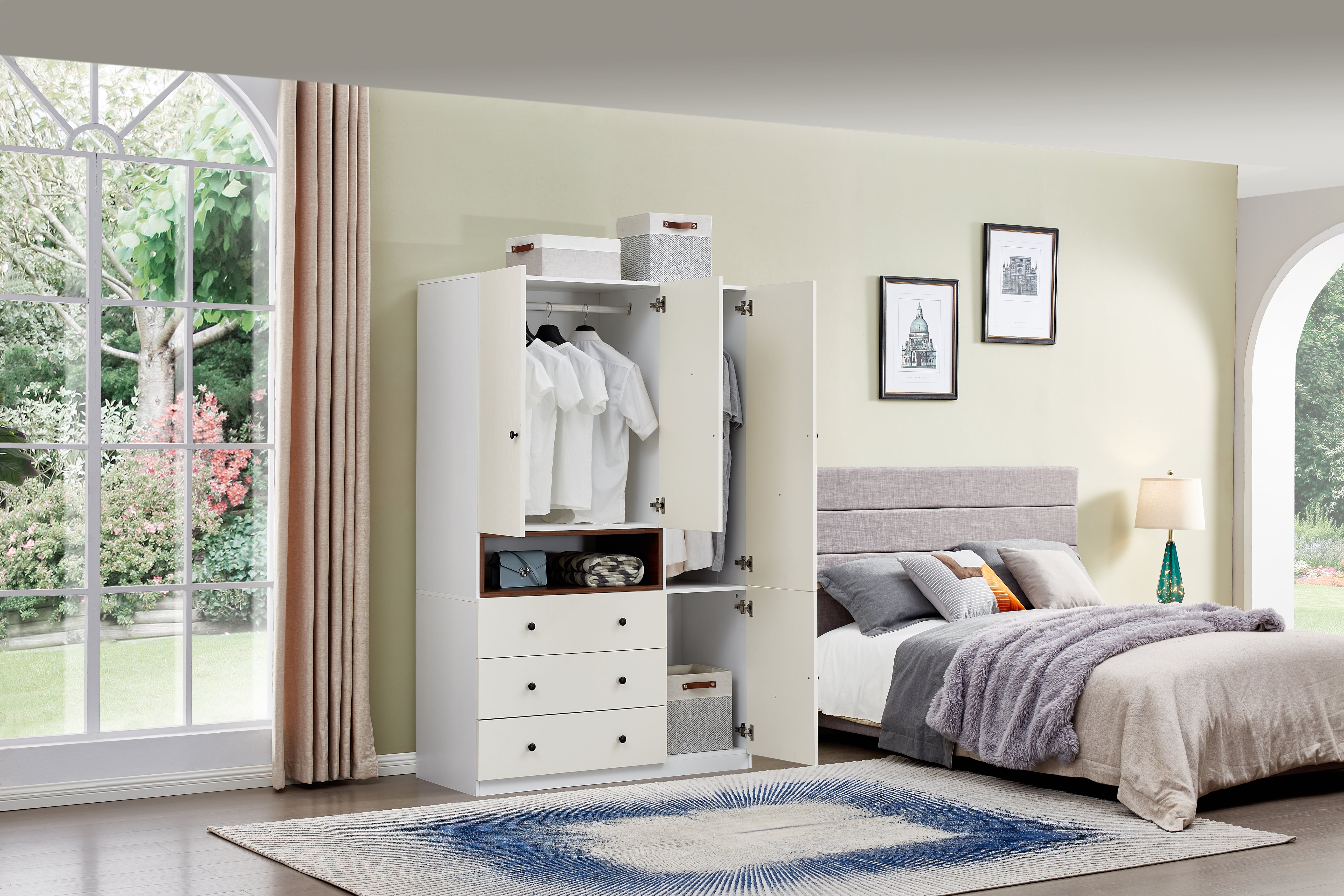 74'' H 3-Door White Wood Wardrobe Closet | Freestanding Armoire with Hanging Rod & Large Storage for Bedroom & Bathroom