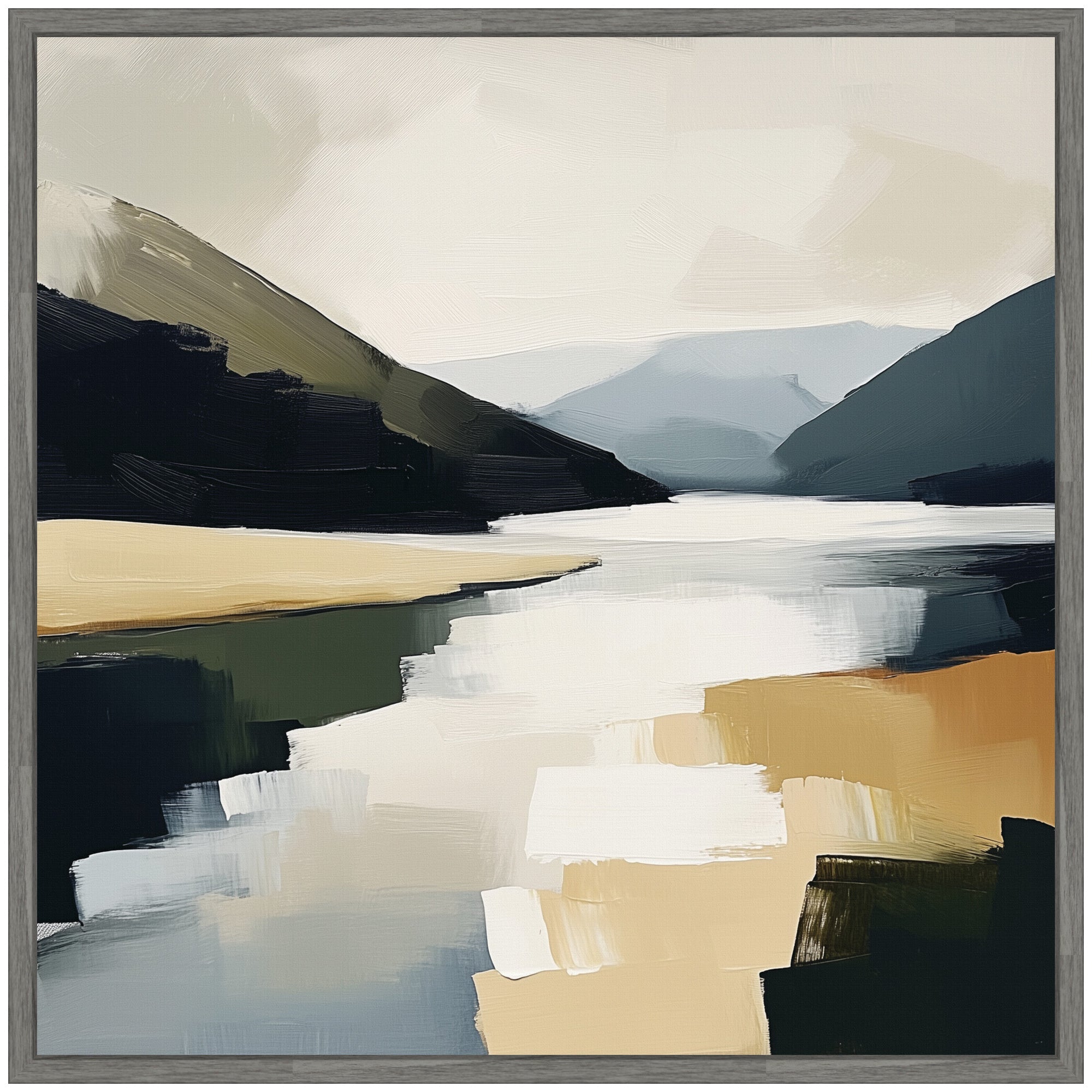 Sylvie Mountain Lake Modern Abstract Landscape Framed Canvas by The Creative Bunch Studio