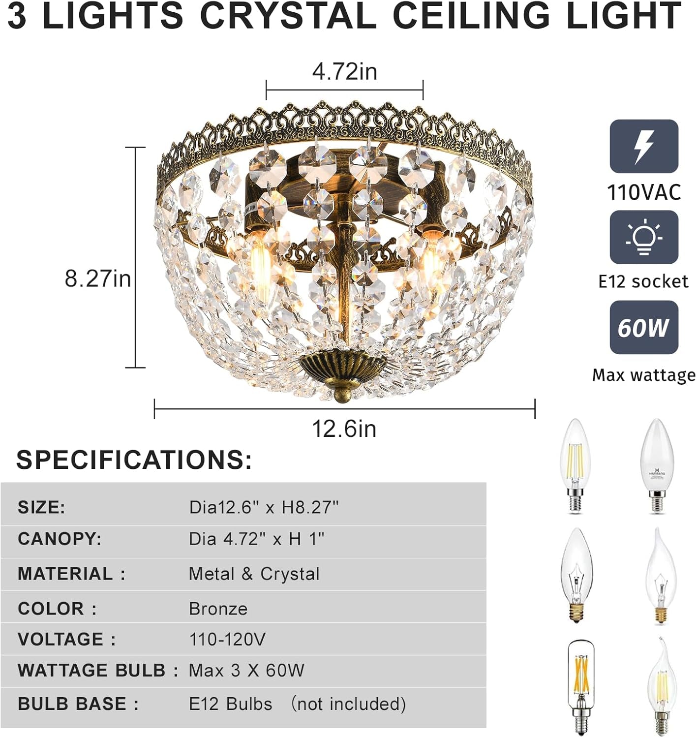 Three Light French Empire Crystal Chandelier Antique Bronze Dimmable Flush Mount-1