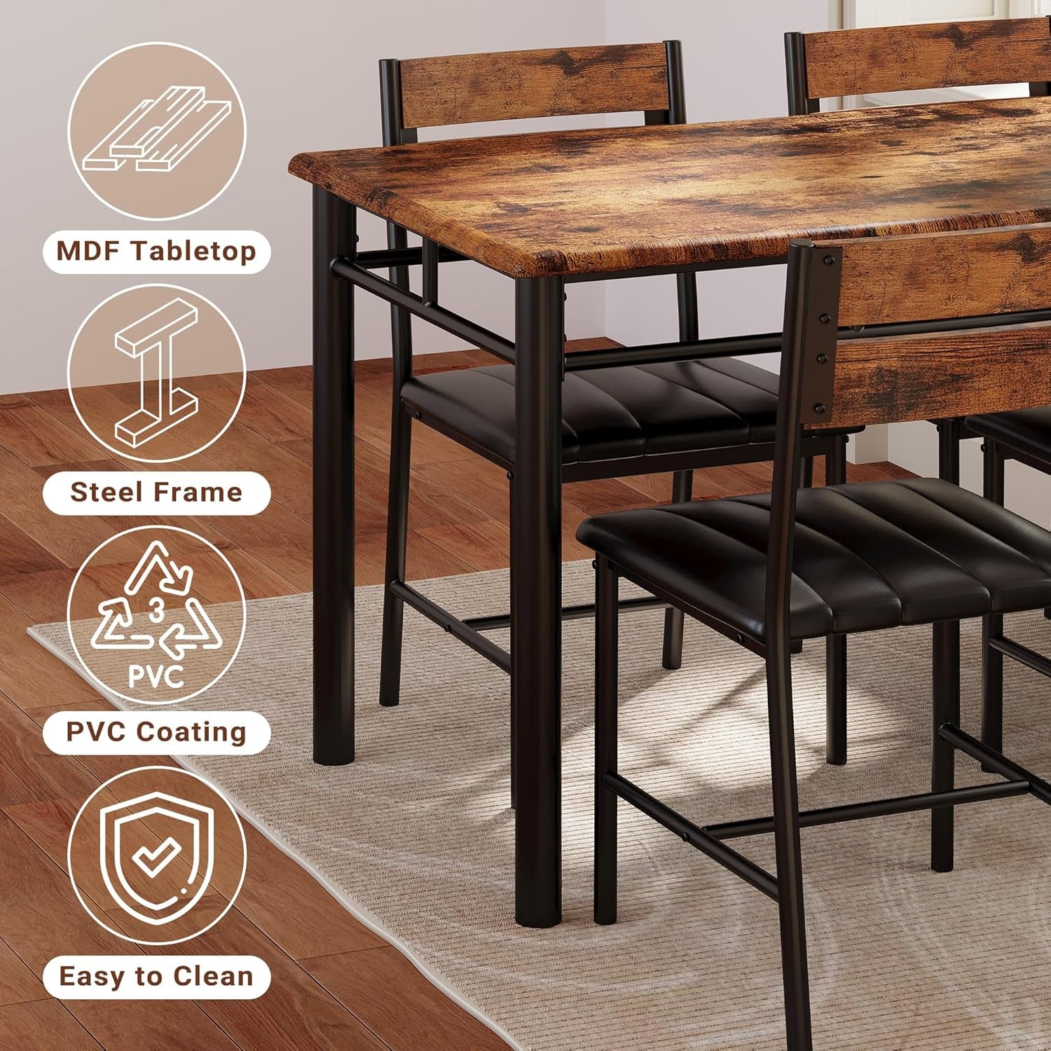 Dining Table Set For 4 Wood Kitchen Table With Upholstered Chairs Rustic Brown