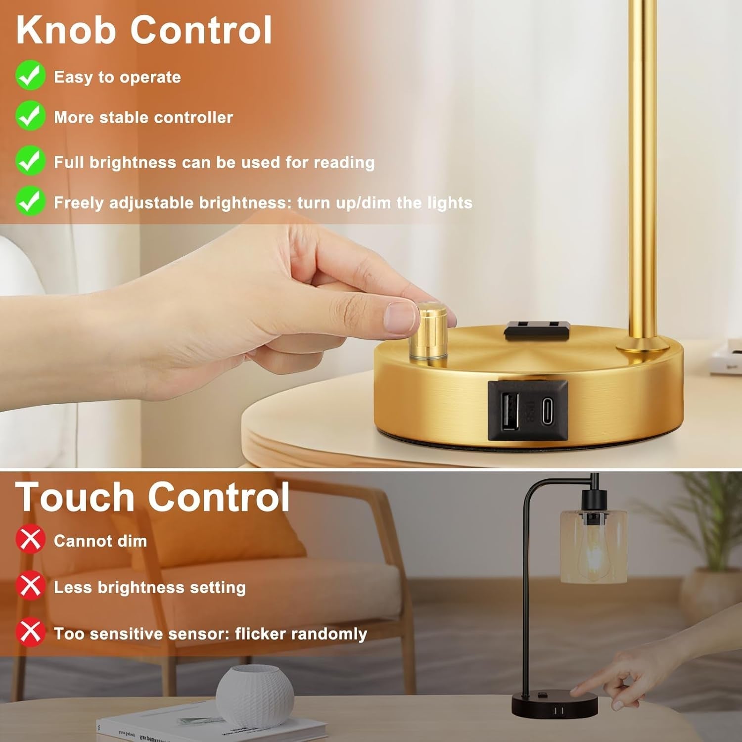 Industrial Table Lamps With USB Ports Dimmable Gold Shade