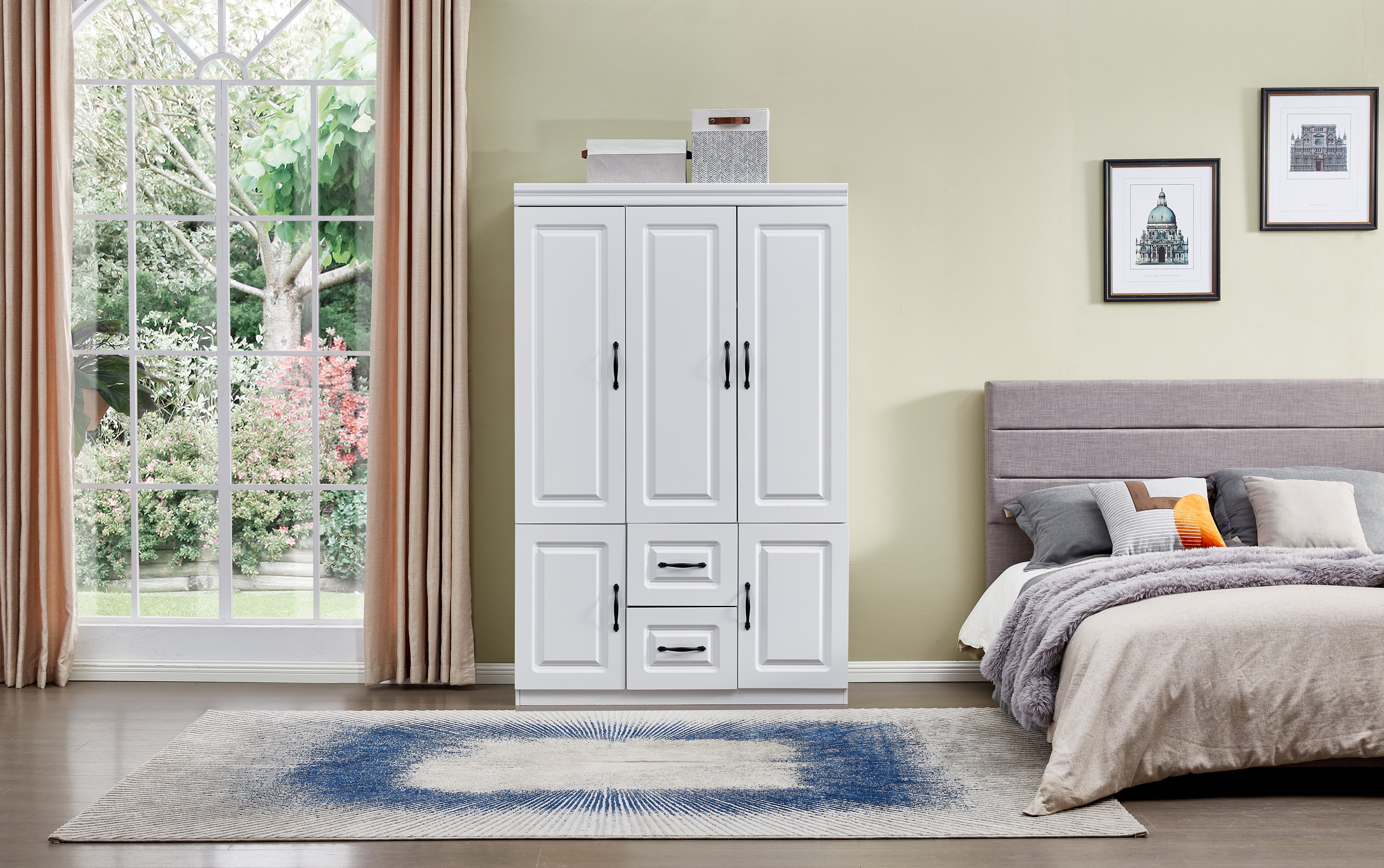 74'' White Armoire Wardrobe Closet with 3 Doors, Shelves, Hanging Rod & Drawers - Wood Storage Cabinet for Bedroom