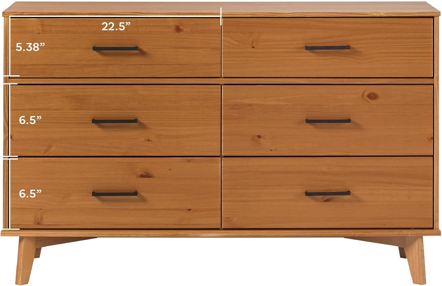 Walker Edision 6-Drawer Dresser In Solid Pine Wood With Metal Handles Caramel