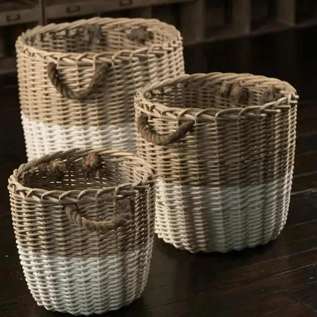 Set Of 3 Round Willow Baskets Dipped White