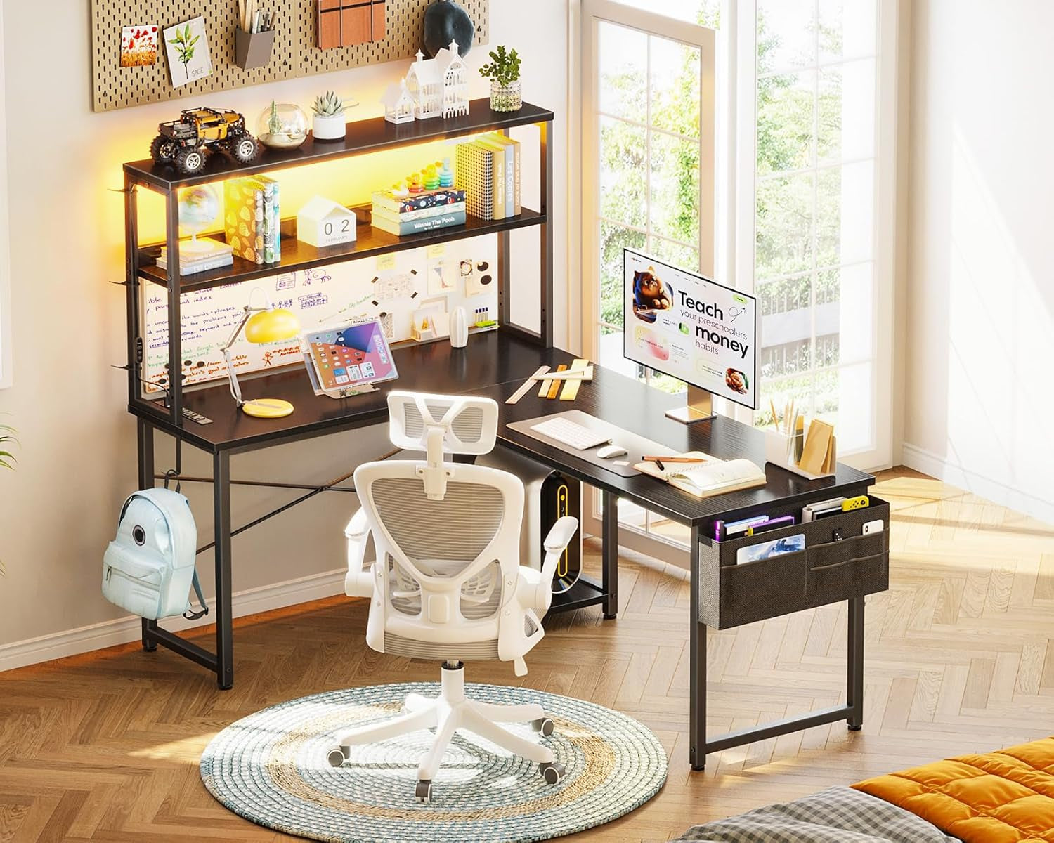 L Shaped Gaming Desk With LED Lights And Power Outlets