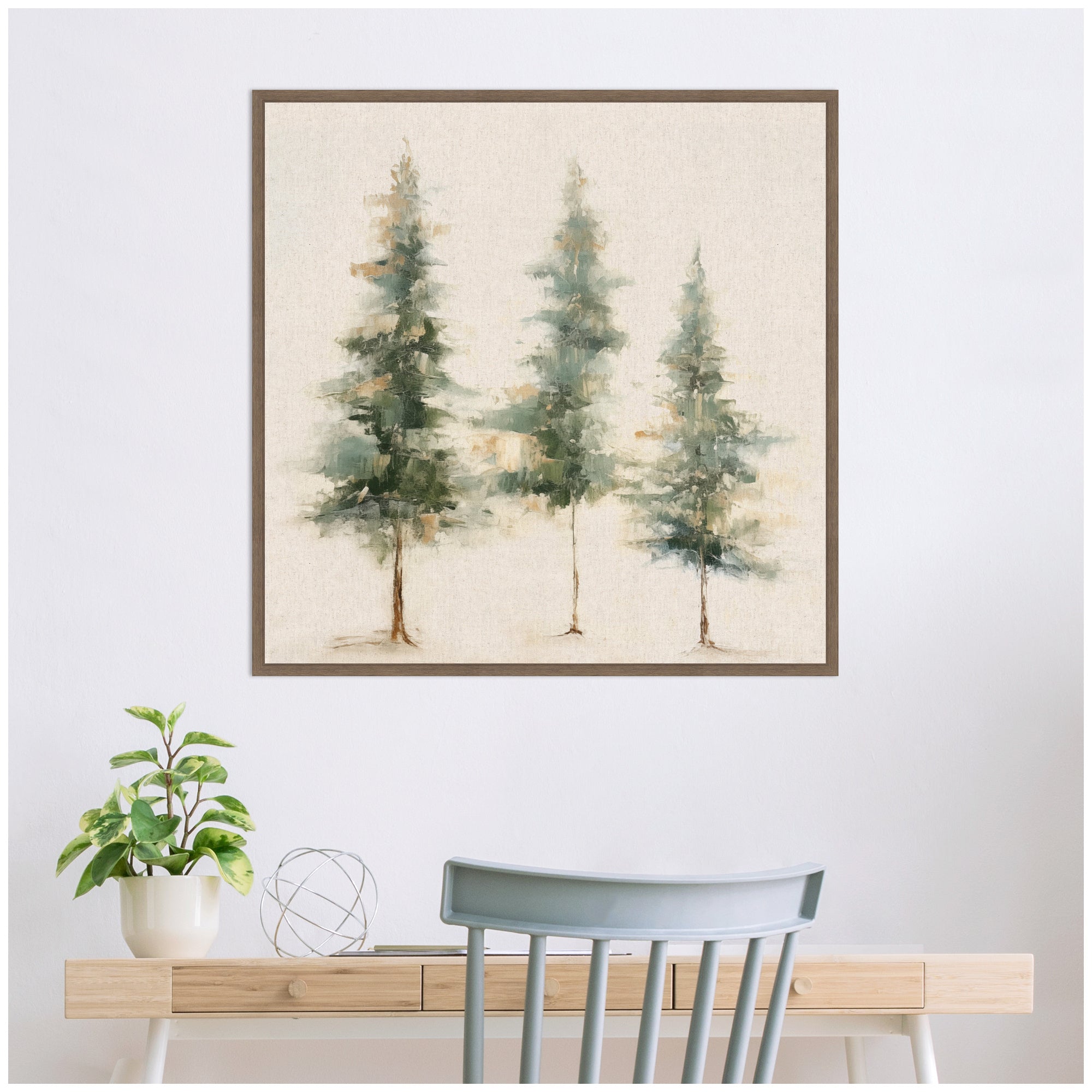 Sylvie Abstract Forest Evergreen Trees on Neutral Linen Framed Canvas by The Creative Bunch Studio