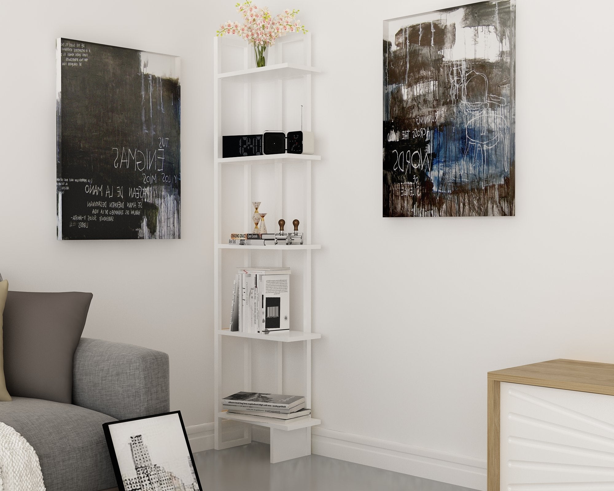 Alice 71" Tall Metal Manufactured Wood Bookcase | Corner Bookcase