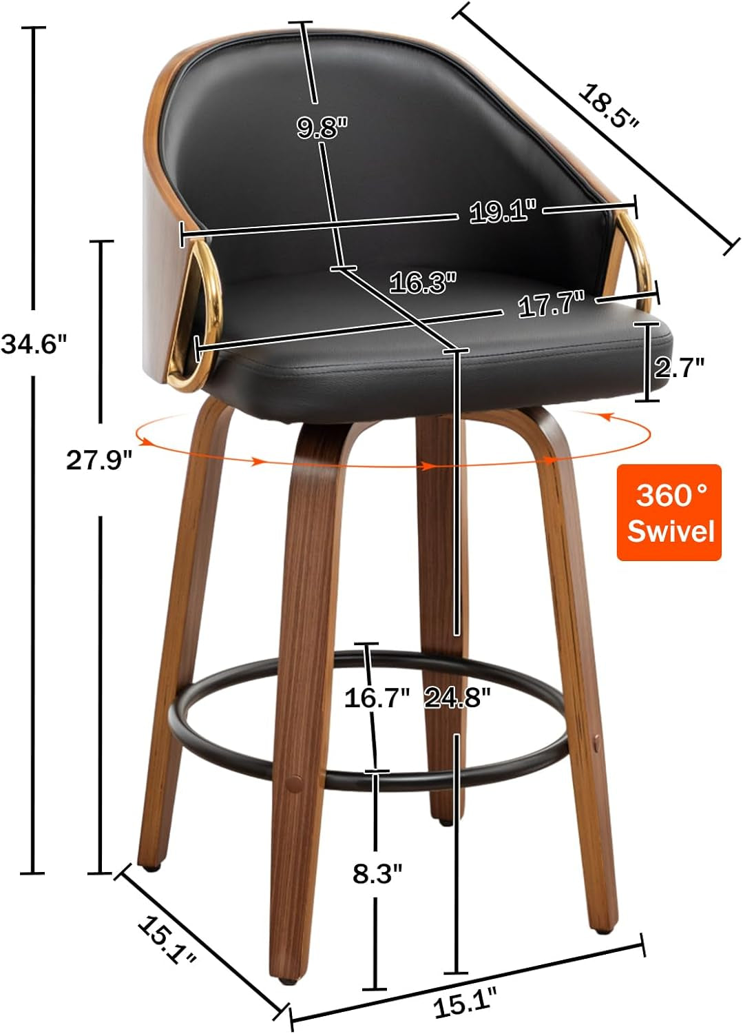 26 Inch Swivel Barstools Set of Two Black Leather