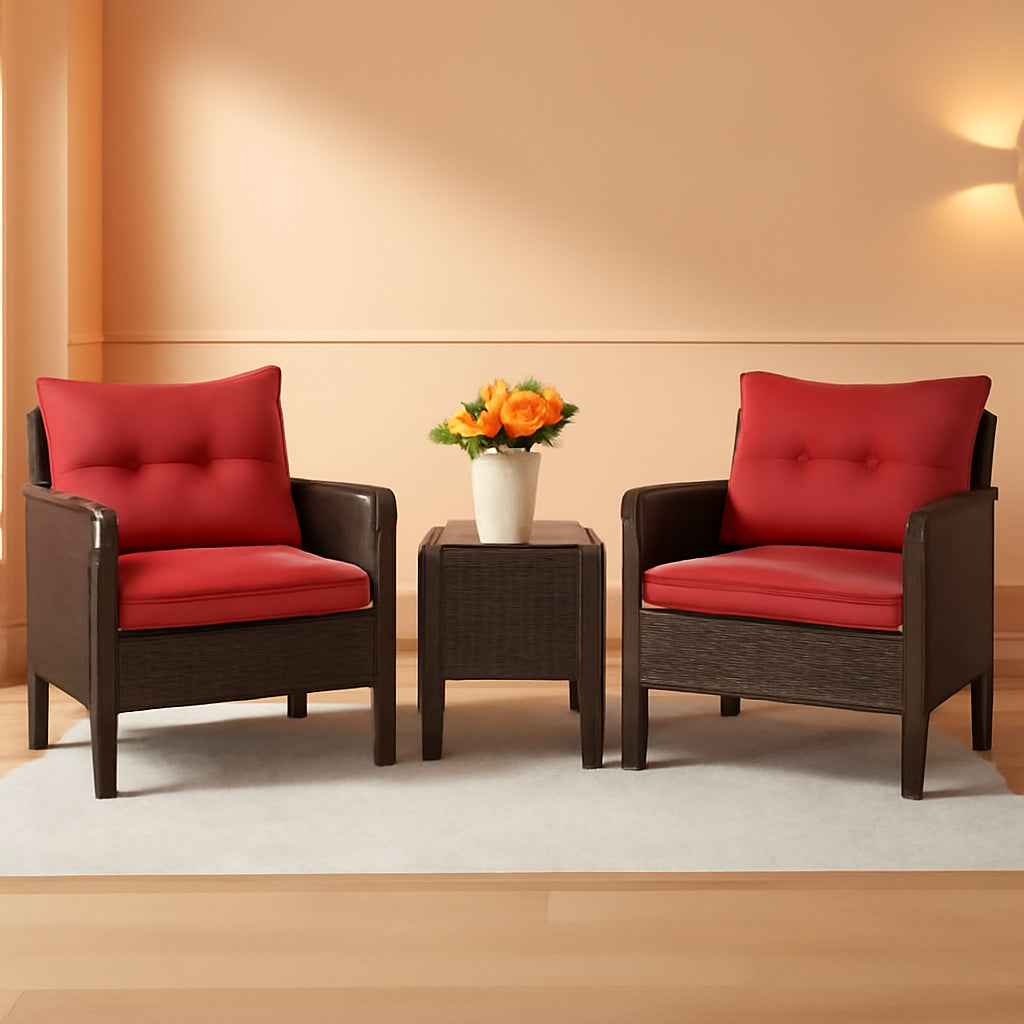 Red 3 Piece Outdoor Patio Furniture Set With Wicker Chairs And Glass Top Coffee Table