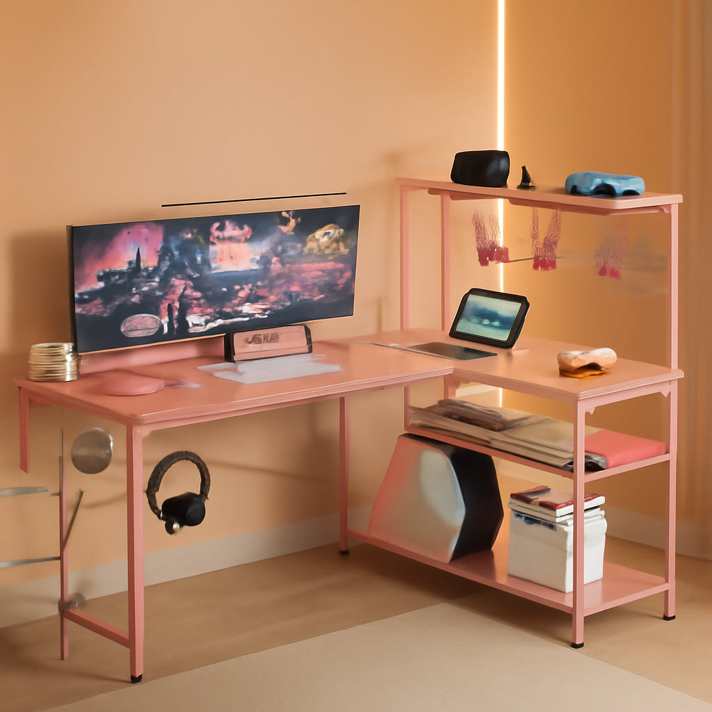 51 Inch L Shaped Gaming Desk Pink With Power Outlets And LED Lights