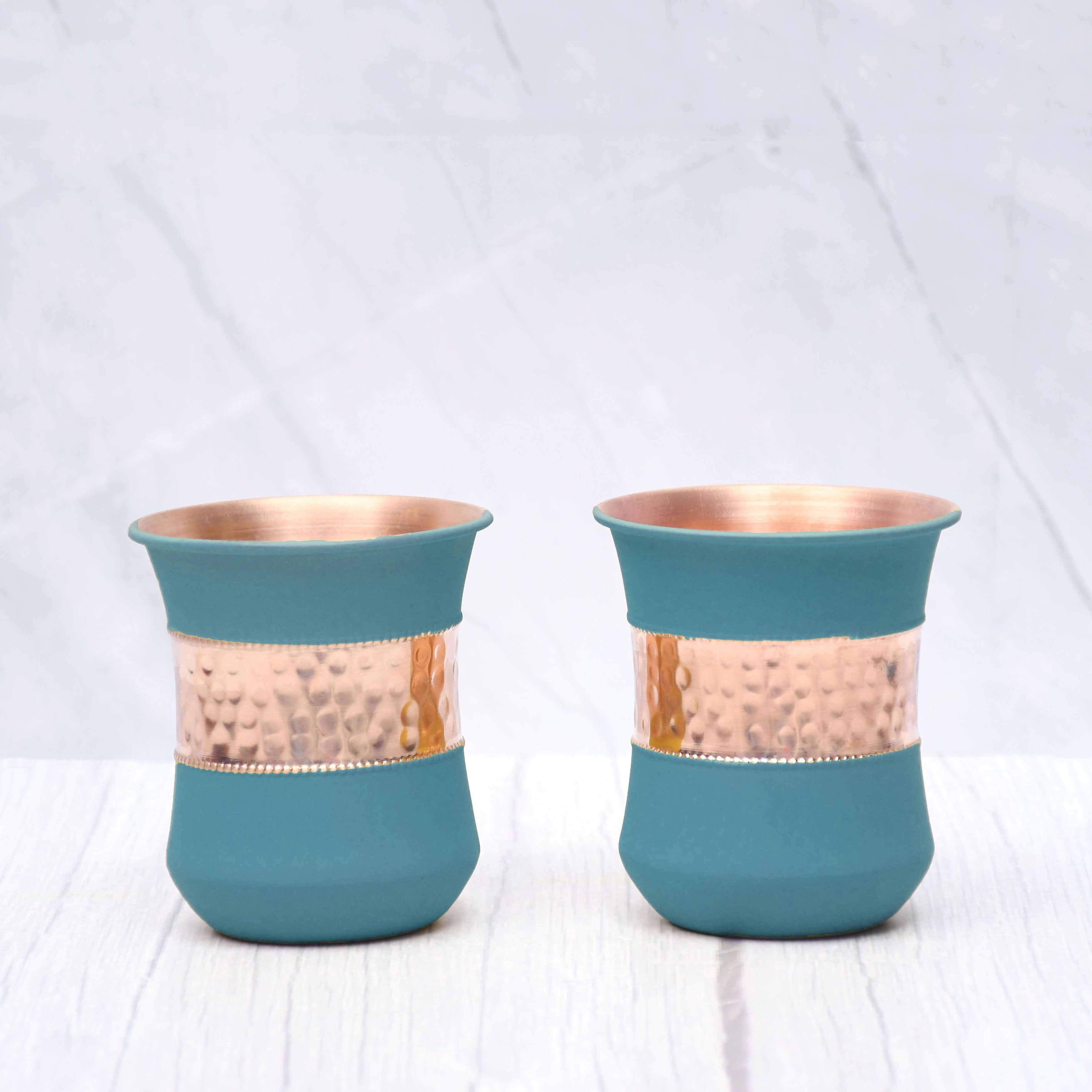 Pure Copper Water Glass Set of 2 Silk Green Half Hammered Damru Tumbler Capacity 300ML-3