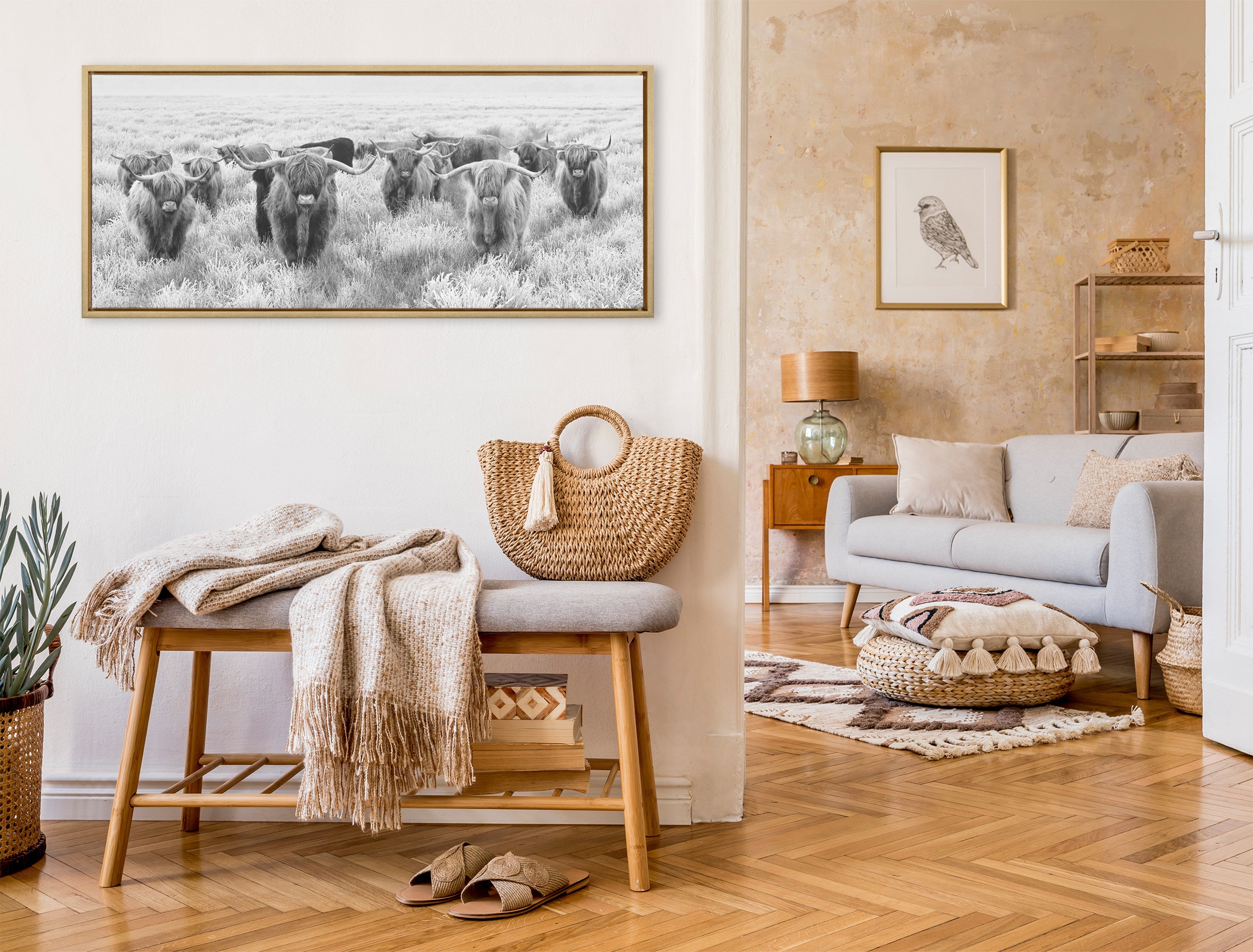 Sylvie Herd of Highland Cows Black and White Framed Canvas by The Creative Bunch Studio