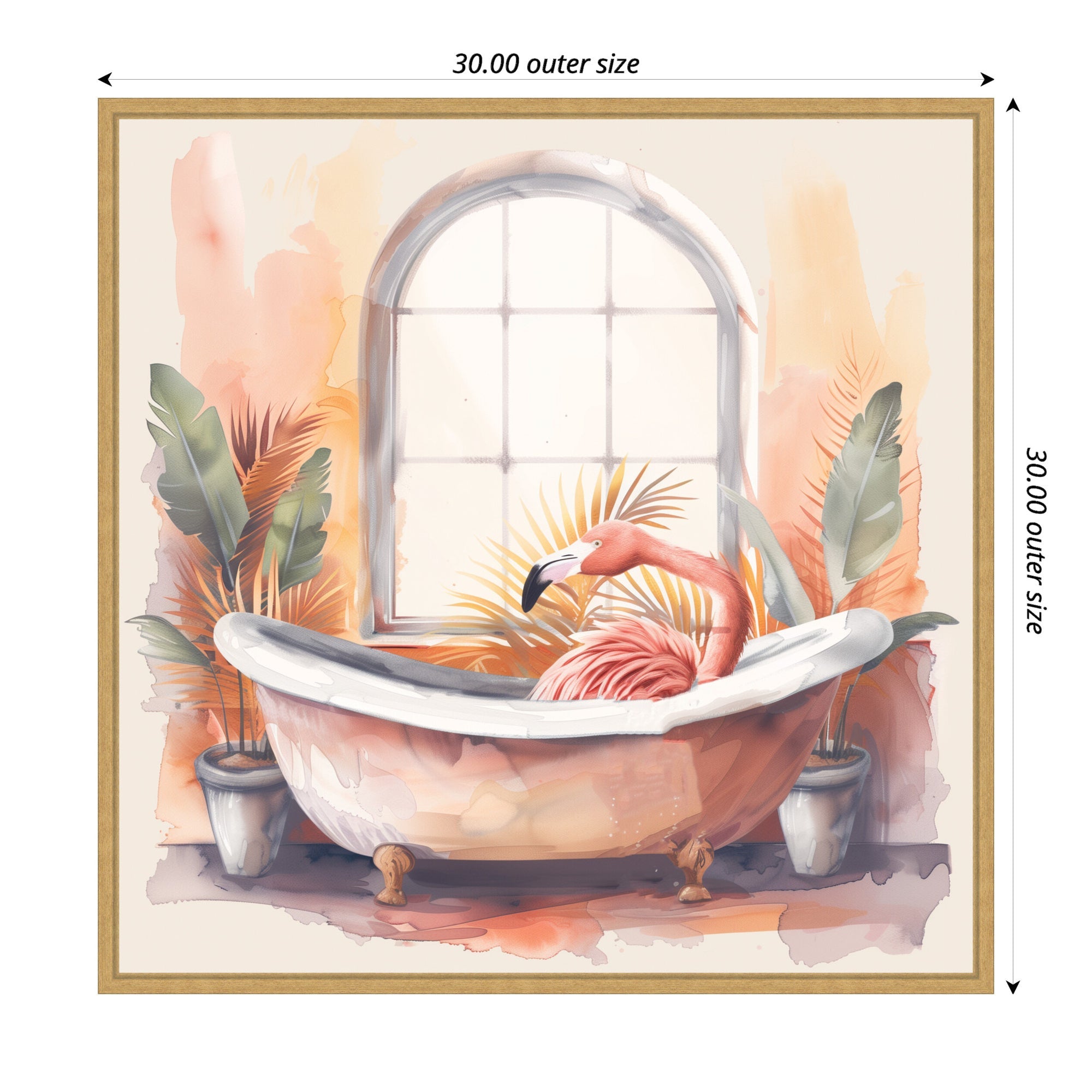 Sylvie Flamingo Bath Pastel Tropical Bathroom Watercolor Framed Canvas by The Creative Bunch Studio