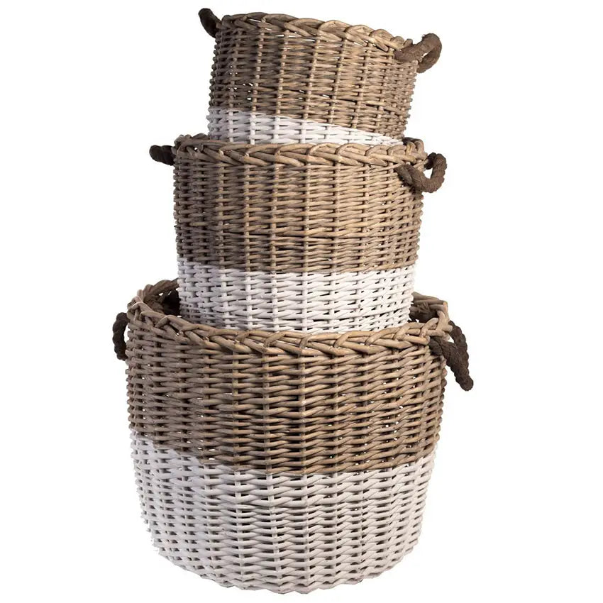 Set Of 3 Round Willow Baskets Dipped White