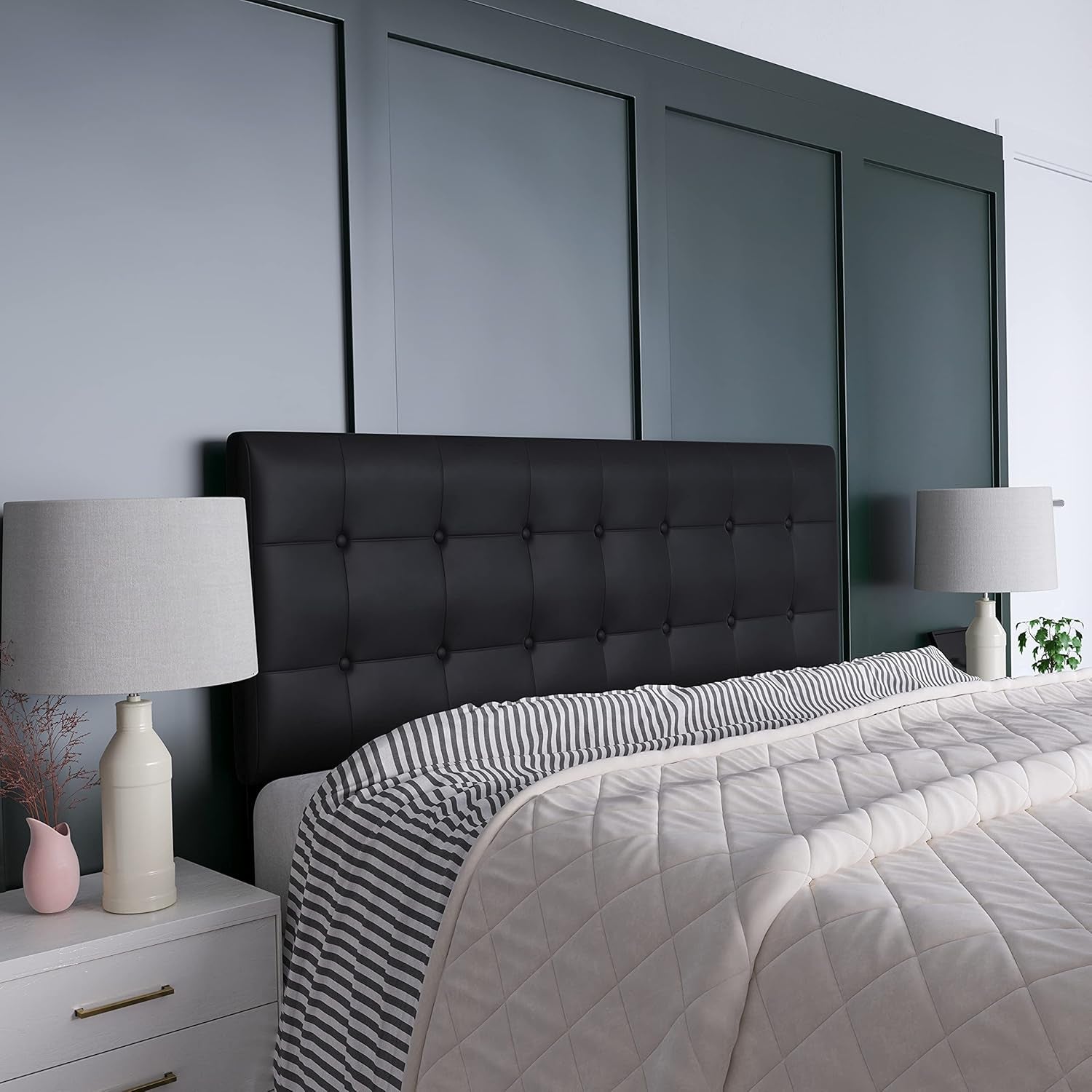 Button Tufted Black Vinyl Queen Size Headboard Upgrade