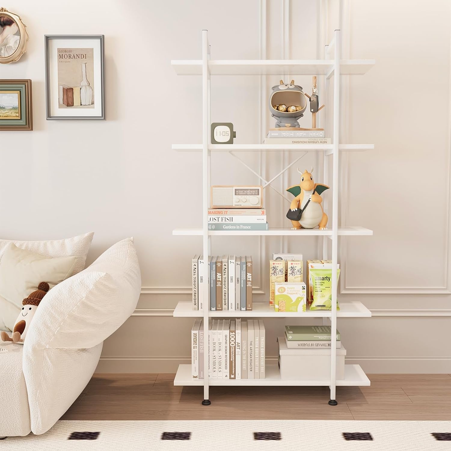 White 5 Tier Wooden Bookcase Tall Storage Organizer