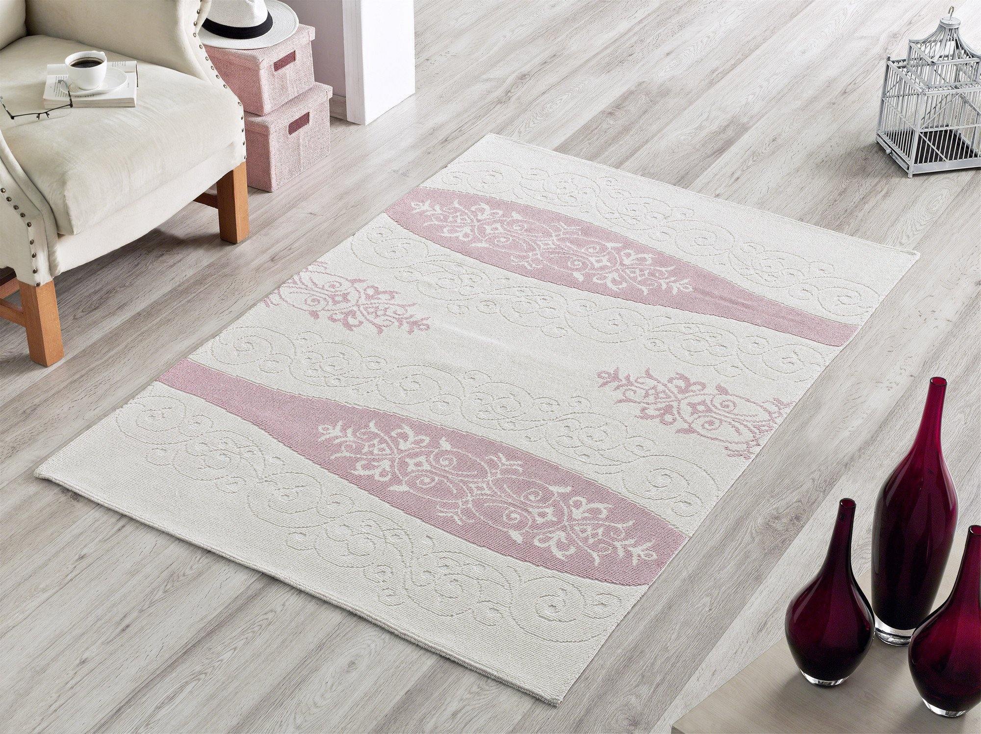 Vase 100% Cotton Washable Area Rug - Pink, White & Light Cream