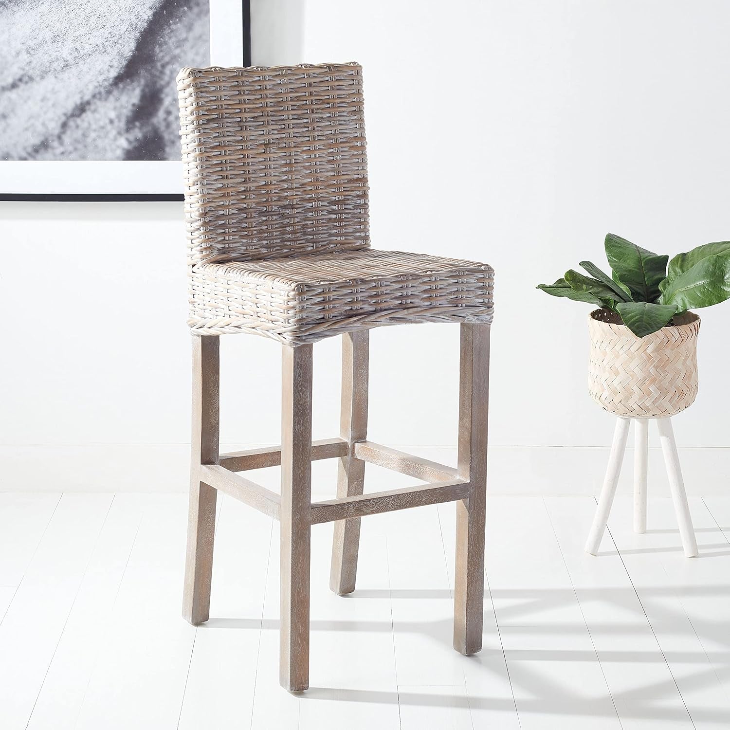 Grey Wash Rattan 30 Inch Bar Stool With Parsons Legs