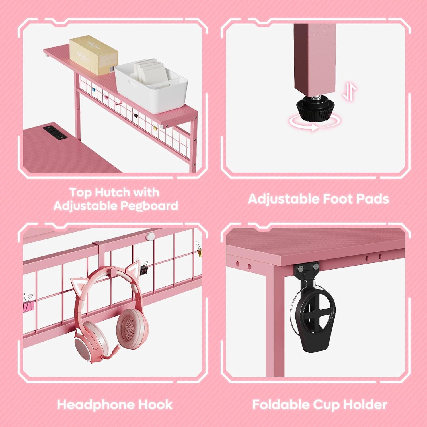 51 Inch L Shaped Gaming Desk Pink With Power Outlets And LED Lights