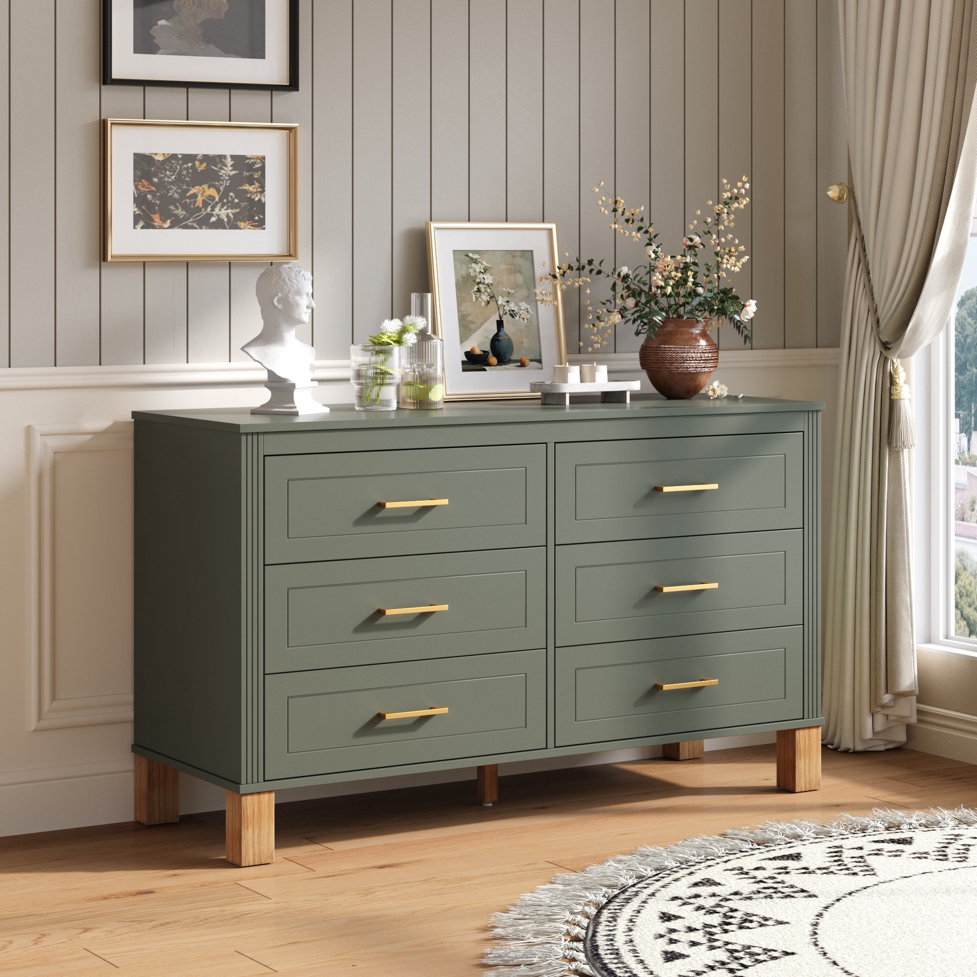 6-Drawer Double Dresser in Olive