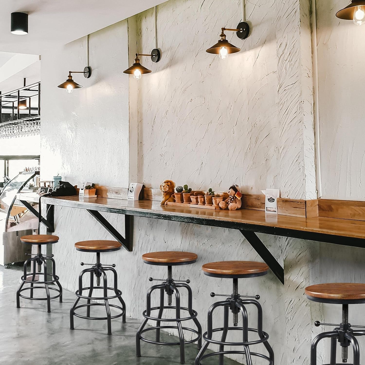 Adjustable Brown Bar Stool With Wood Seat Counter Height