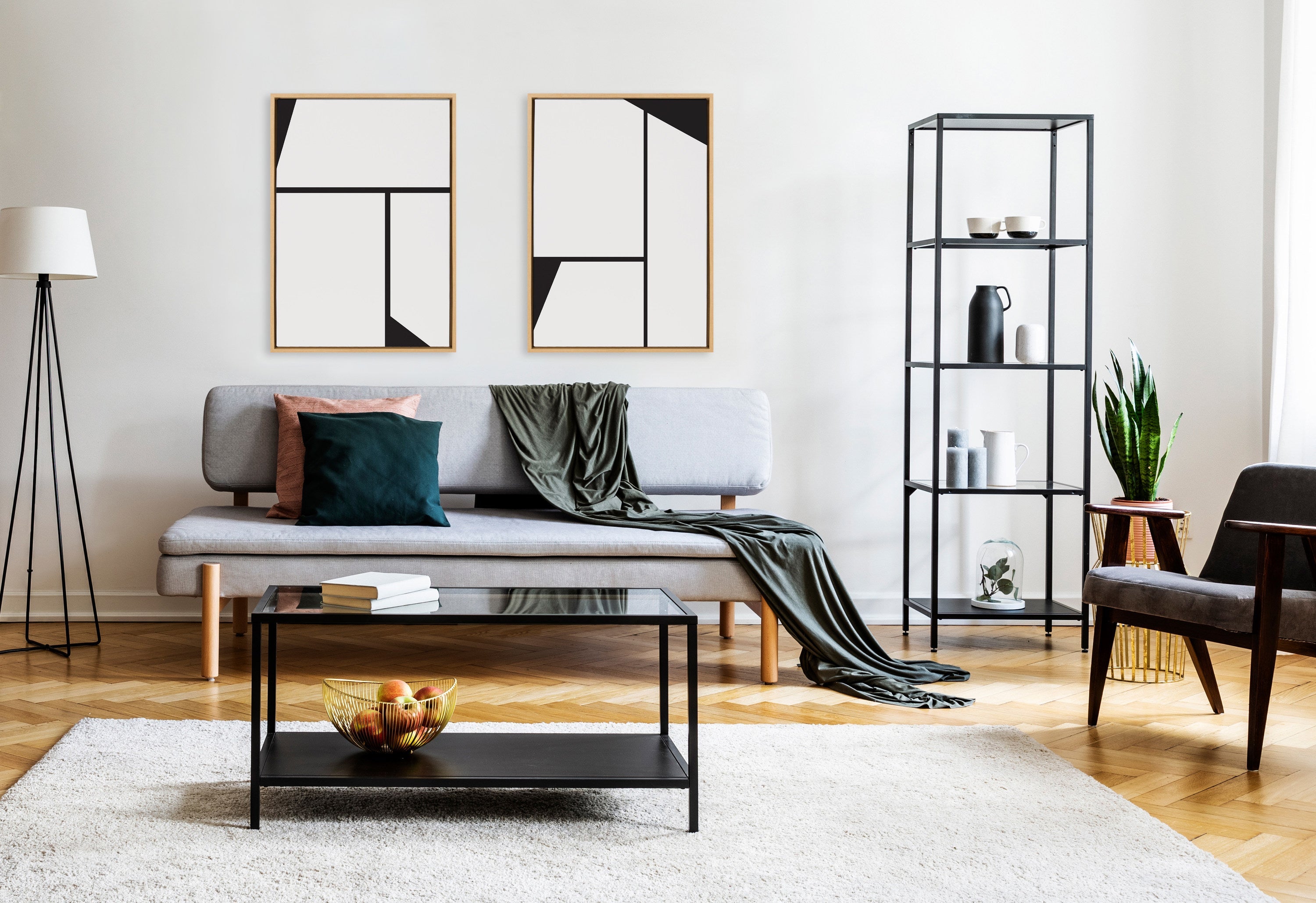 Sylvie Sleek Luxe Minimalist Black and White Abstract Framed Canvas Art Set by The Creative Bunch Studio