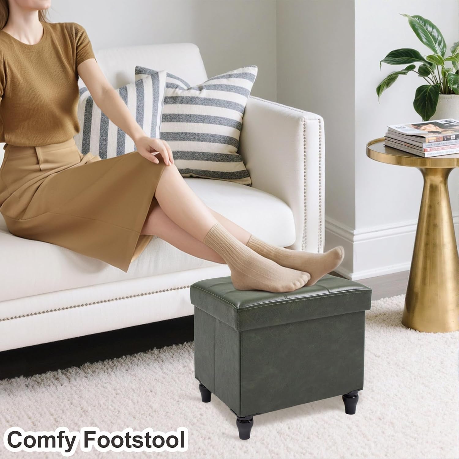 Green 15 Inch Storage Ottoman Bench for Living Room